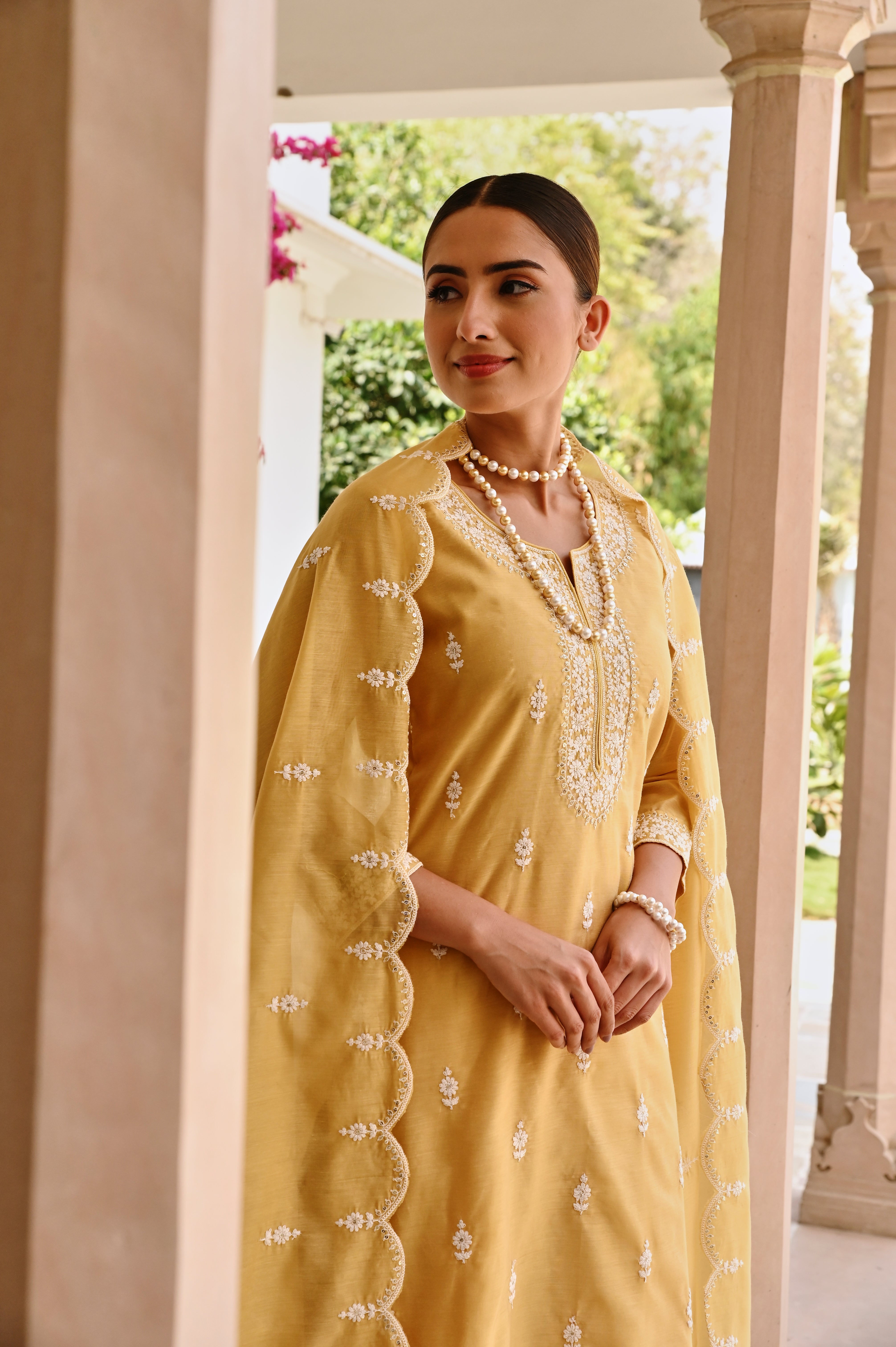 YELLOW CHIKANKARI EMBROIDERED CHANDERI KURTA SET