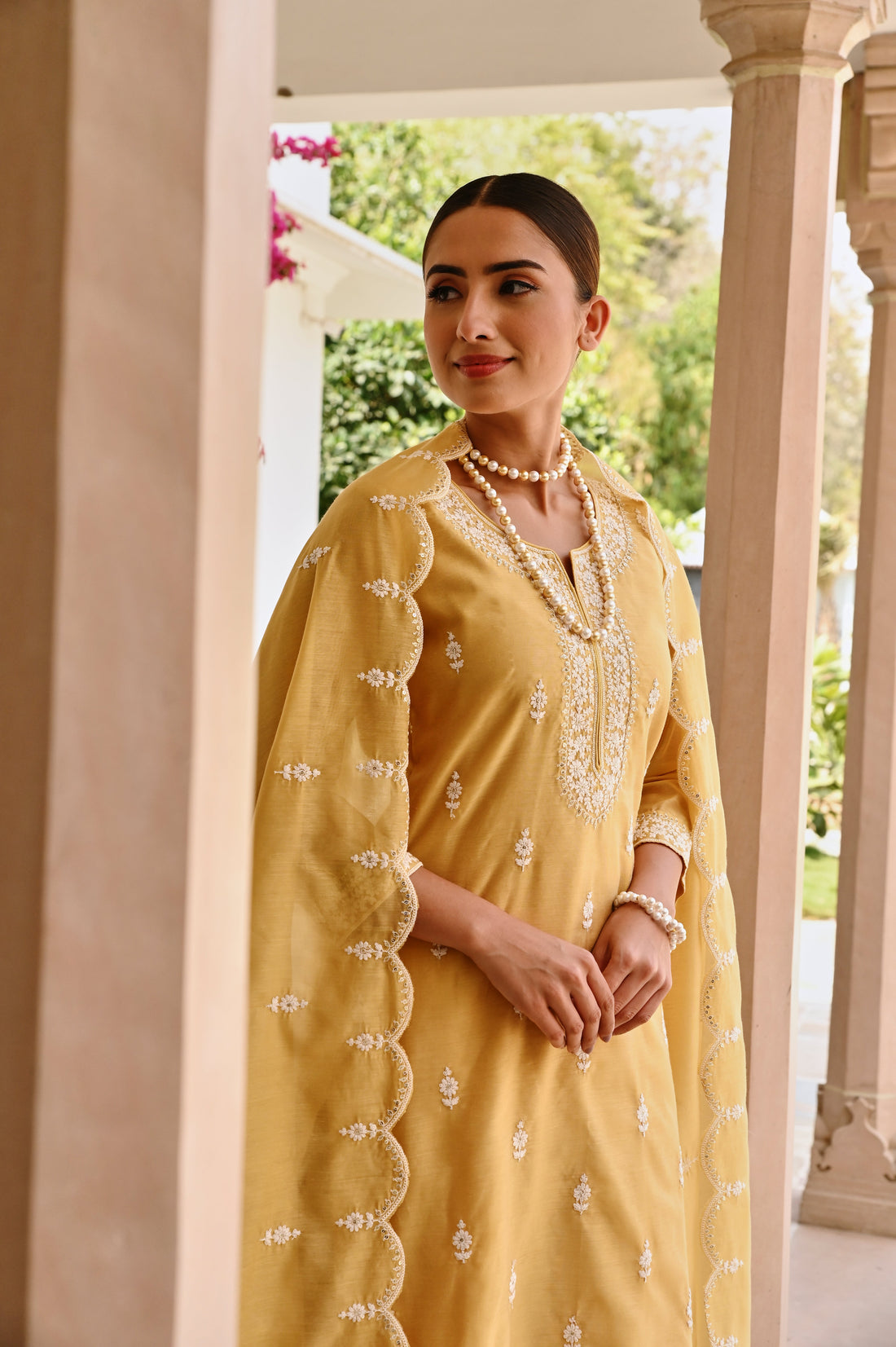 YELLOW CHIKANKARI EMBROIDERED CHANDERI KURTA SET