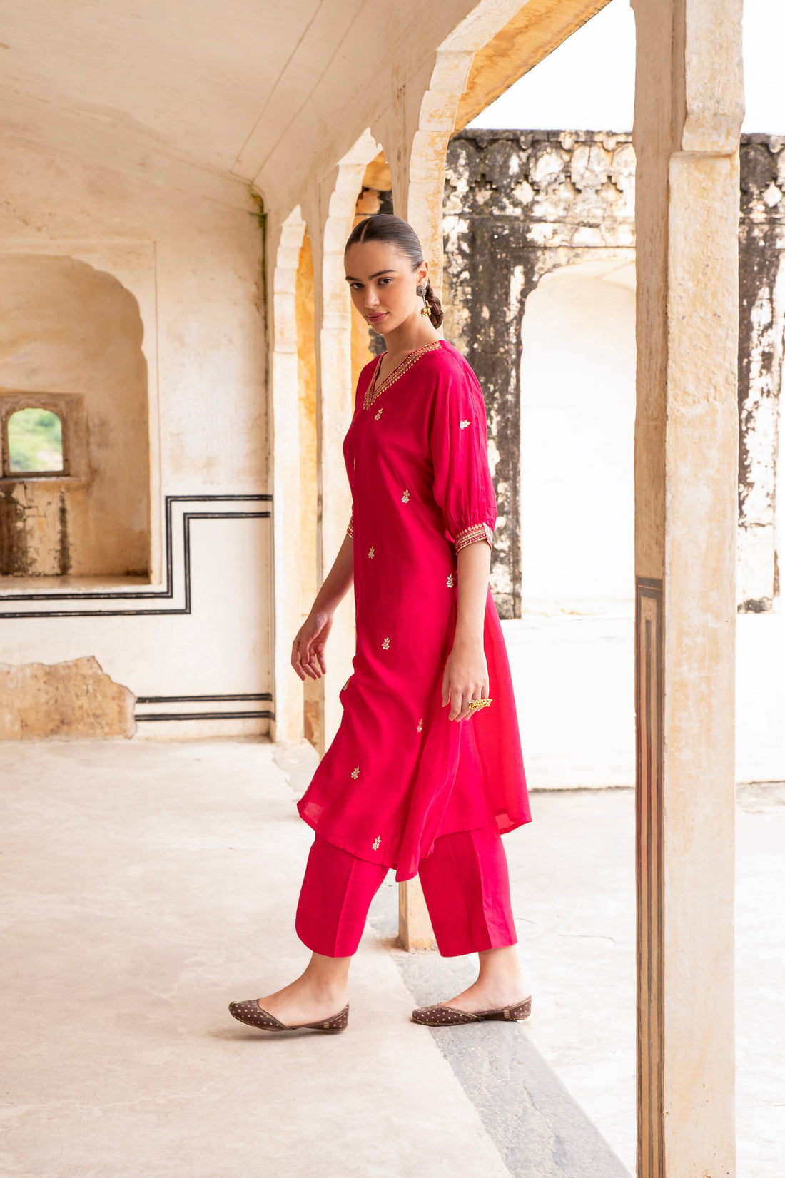 HOT PINK EMBROIDERED DOLA SILK KURTA SET