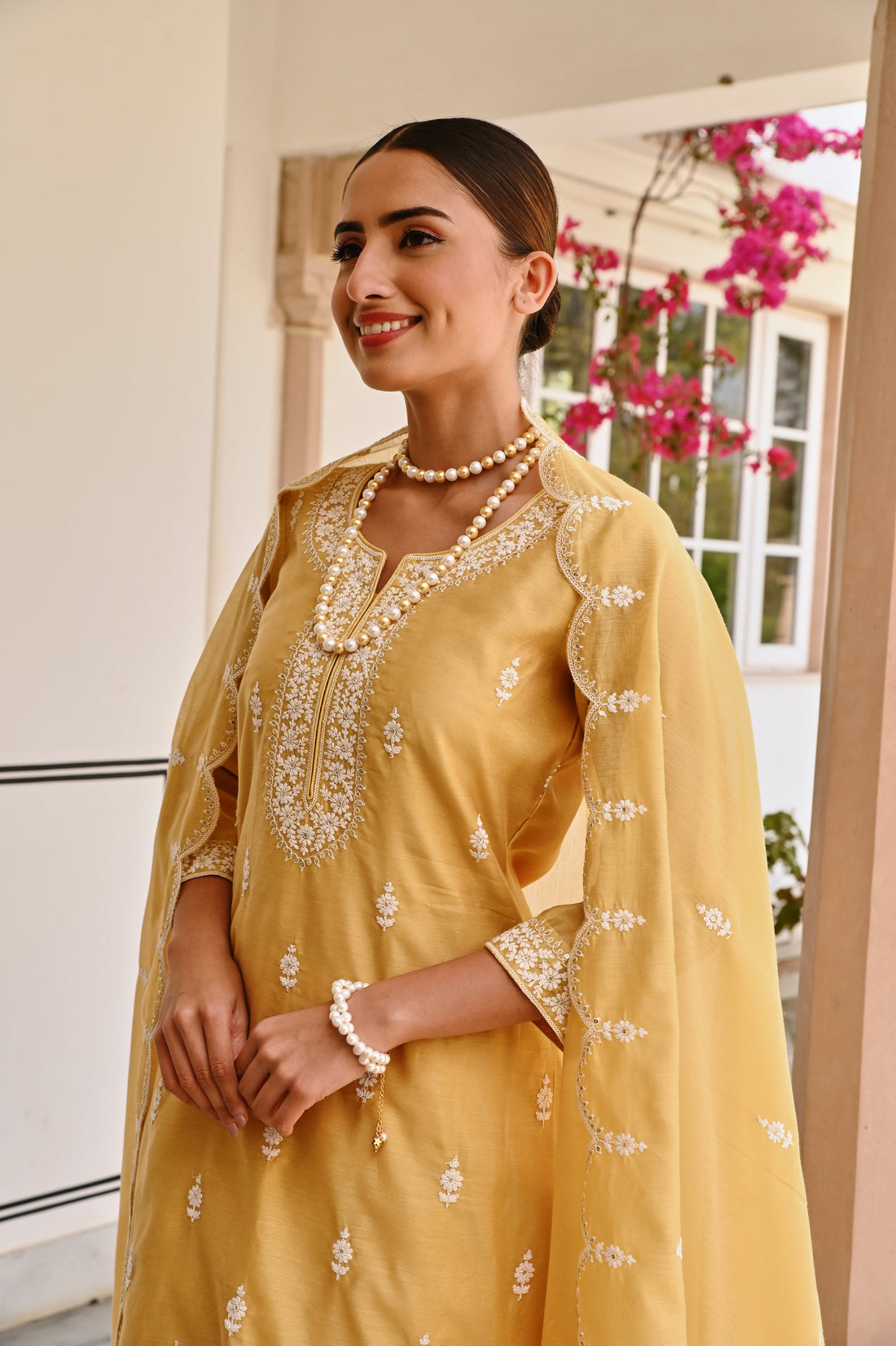 YELLOW CHIKANKARI EMBROIDERED CHANDERI KURTA SET