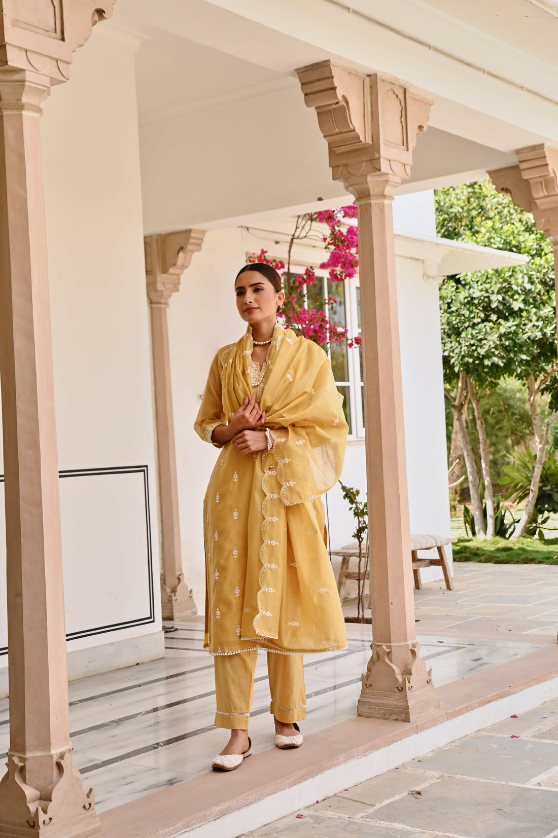YELLOW CHIKANKARI EMBROIDERED CHANDERI KURTA SET