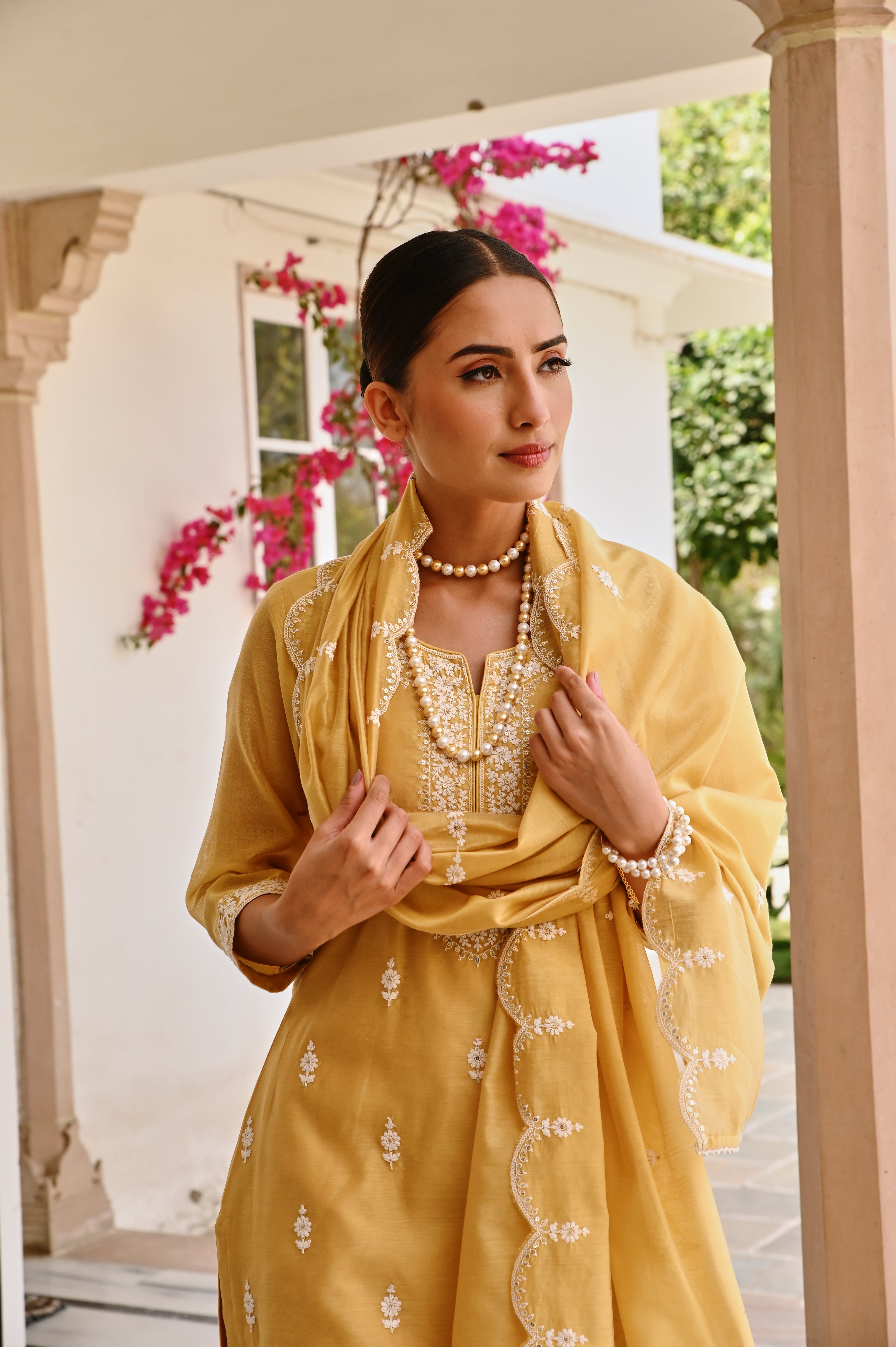 YELLOW CHIKANKARI EMBROIDERED CHANDERI KURTA SET