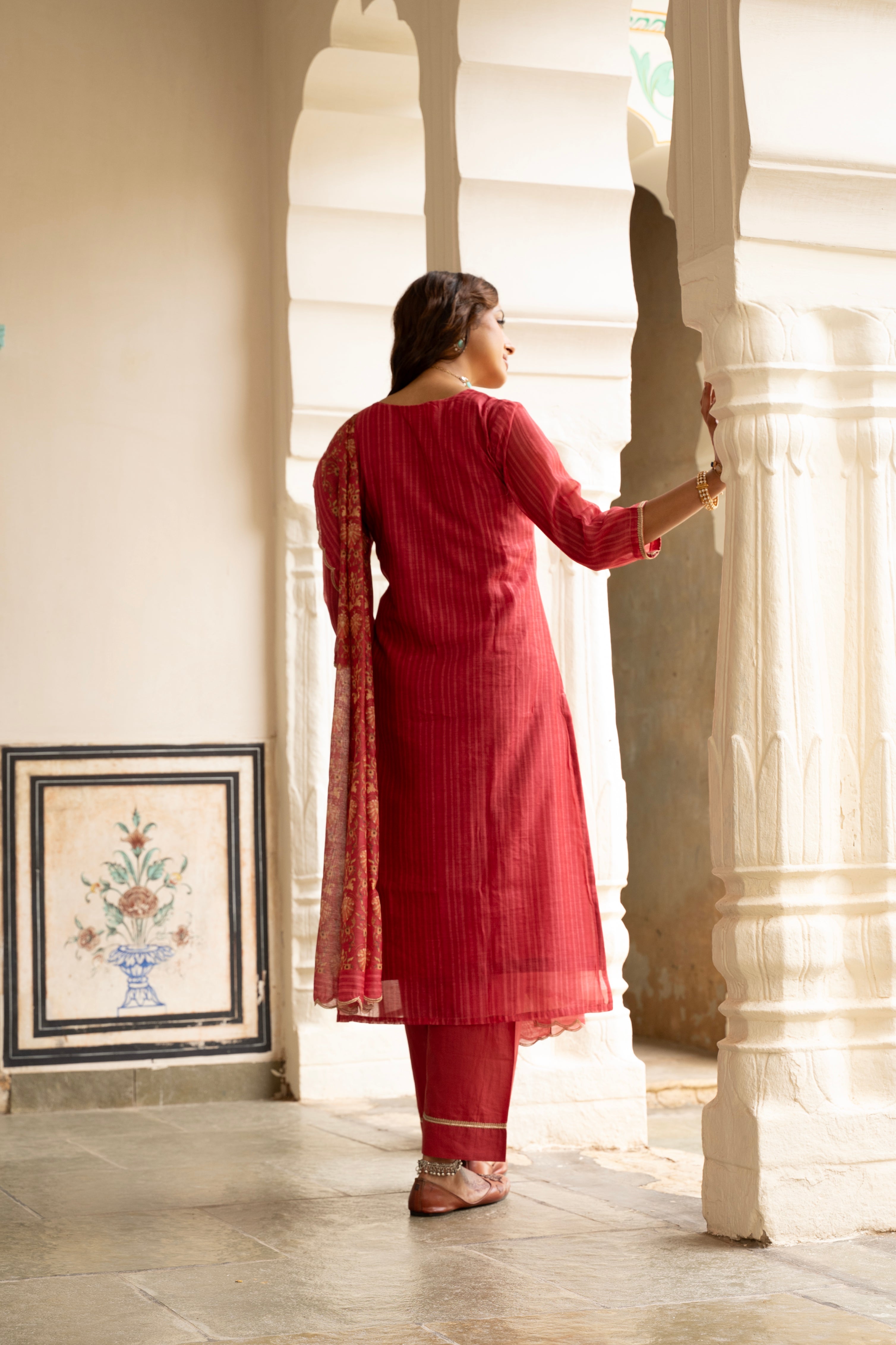 RED CHANDERI KURTA SET