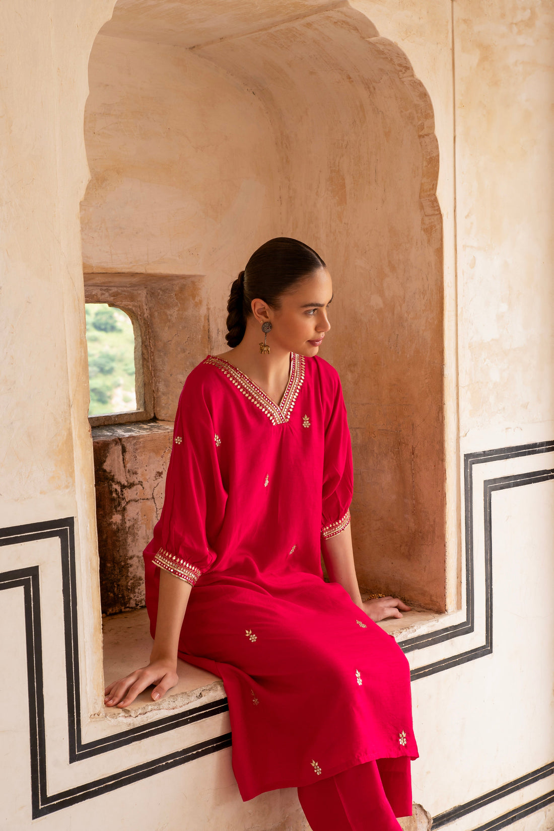 HOT PINK EMBROIDERED DOLA SILK KURTA SET