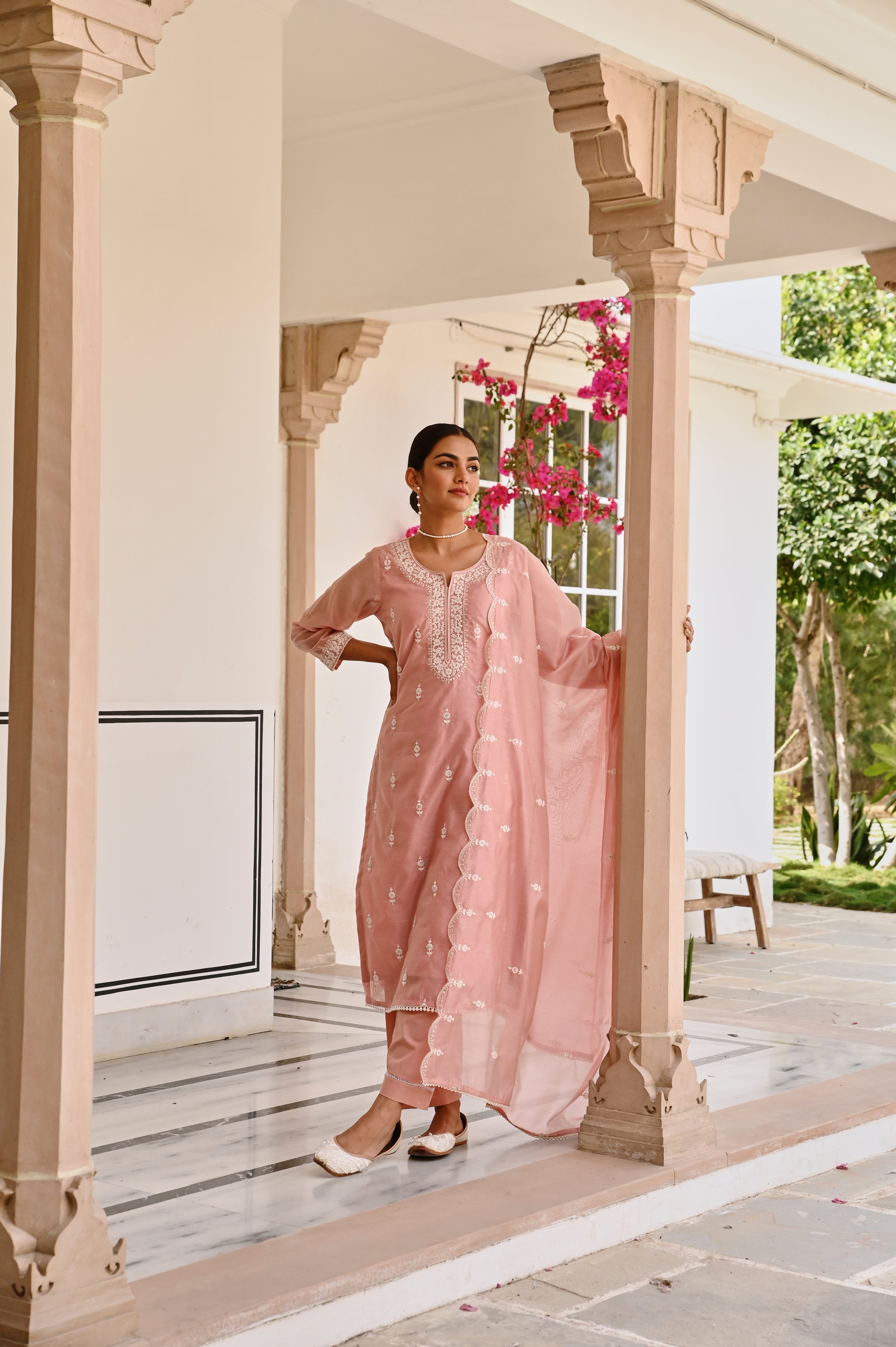 ROSE PINK CHIKANKARI EMBROIDERED CHANDERI KURTA SET