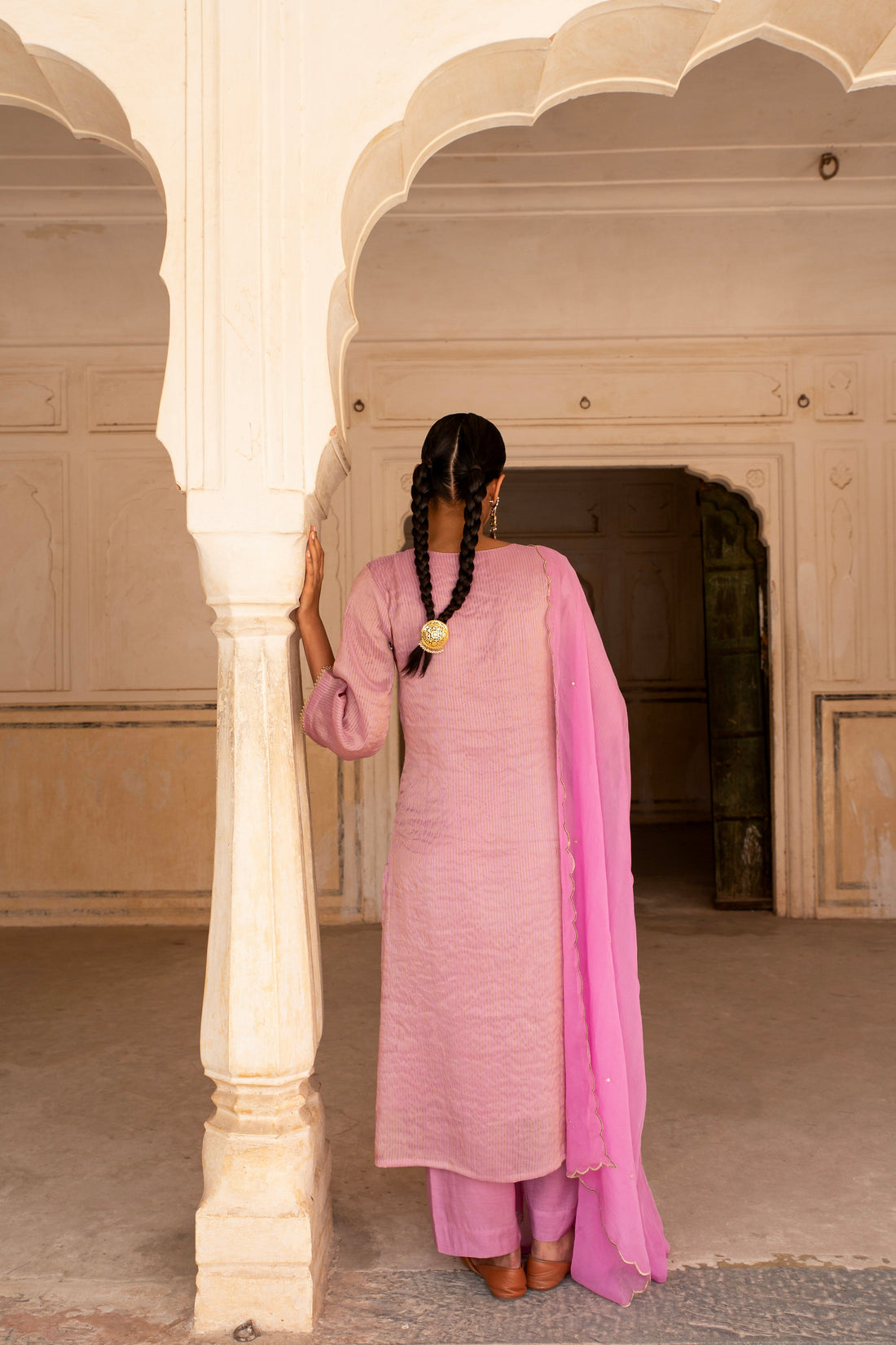 PURE MAGENTA PINK SHIMMER STRIPED KURTA SET
