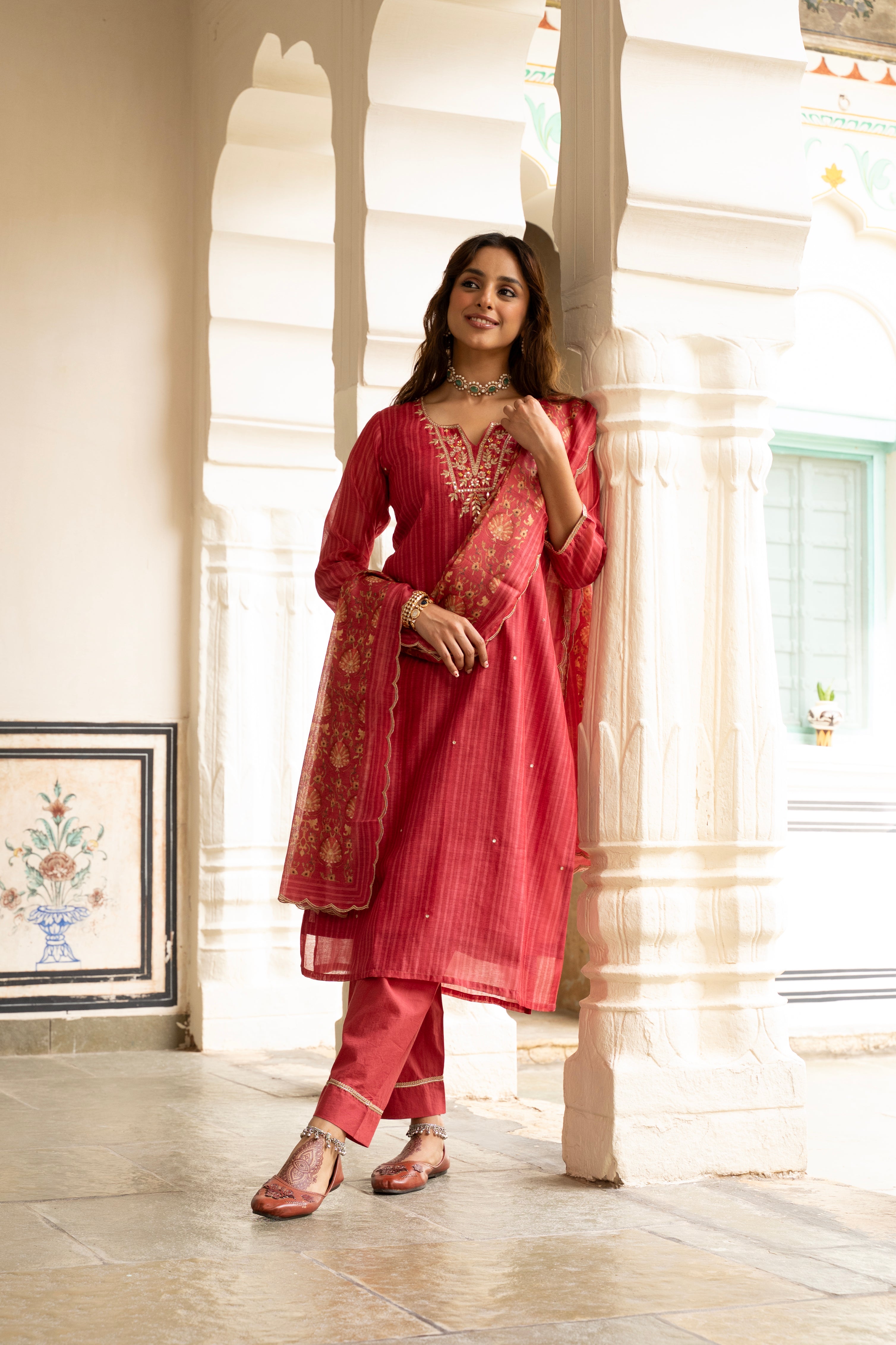 RED CHANDERI KURTA SET