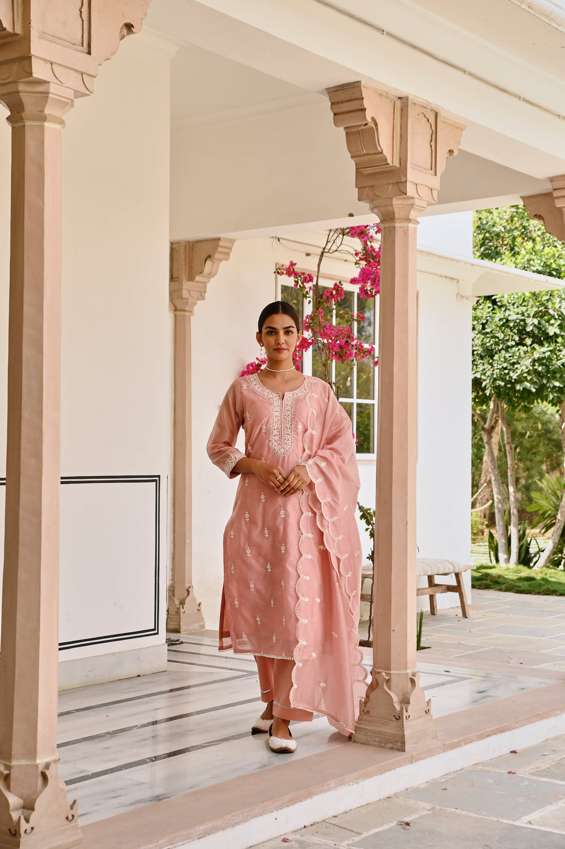 ROSE PINK CHIKANKARI EMBROIDERED CHANDERI KURTA SET