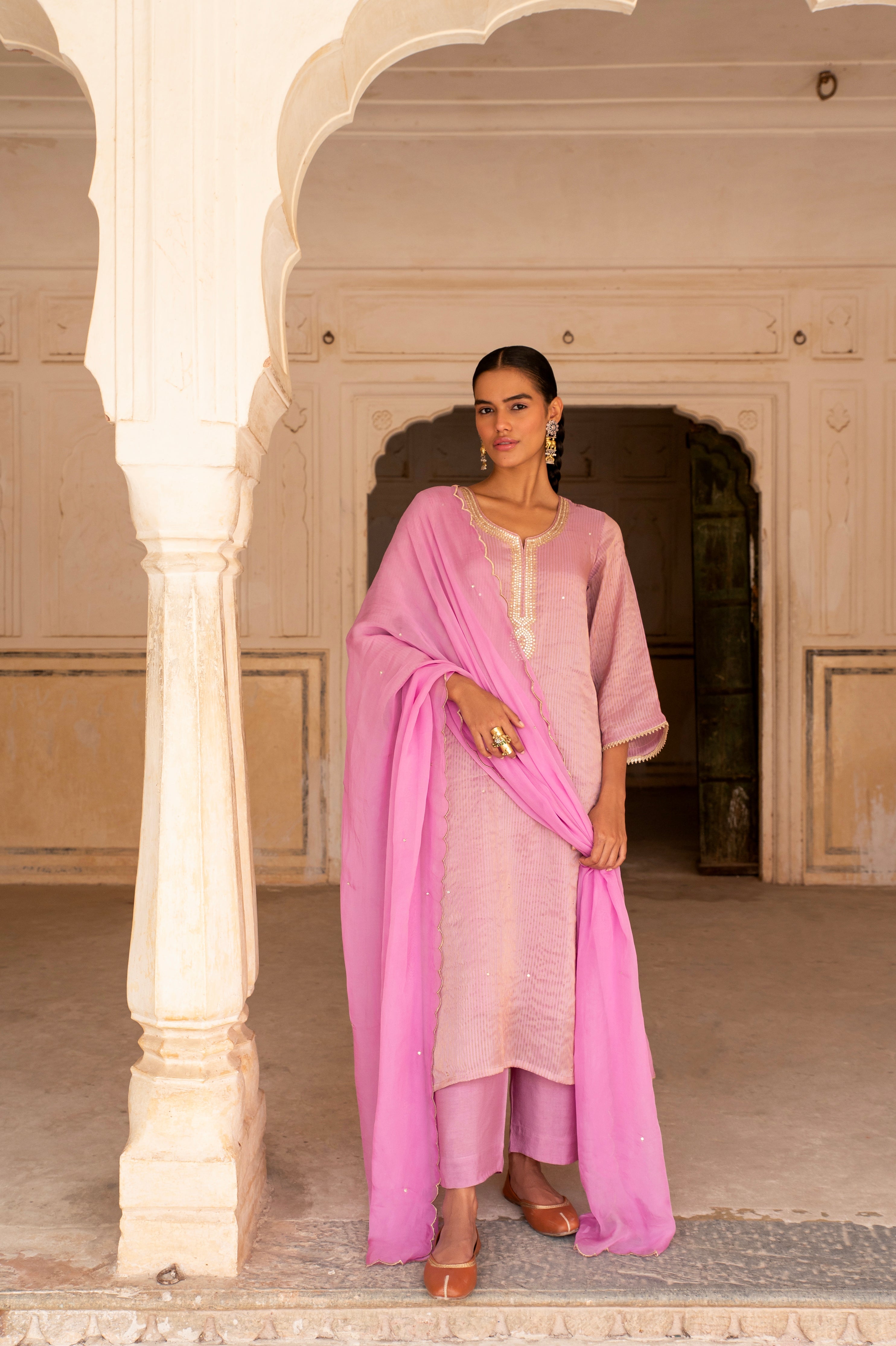 PURE MAGENTA PINK SHIMMER STRIPED KURTA SET