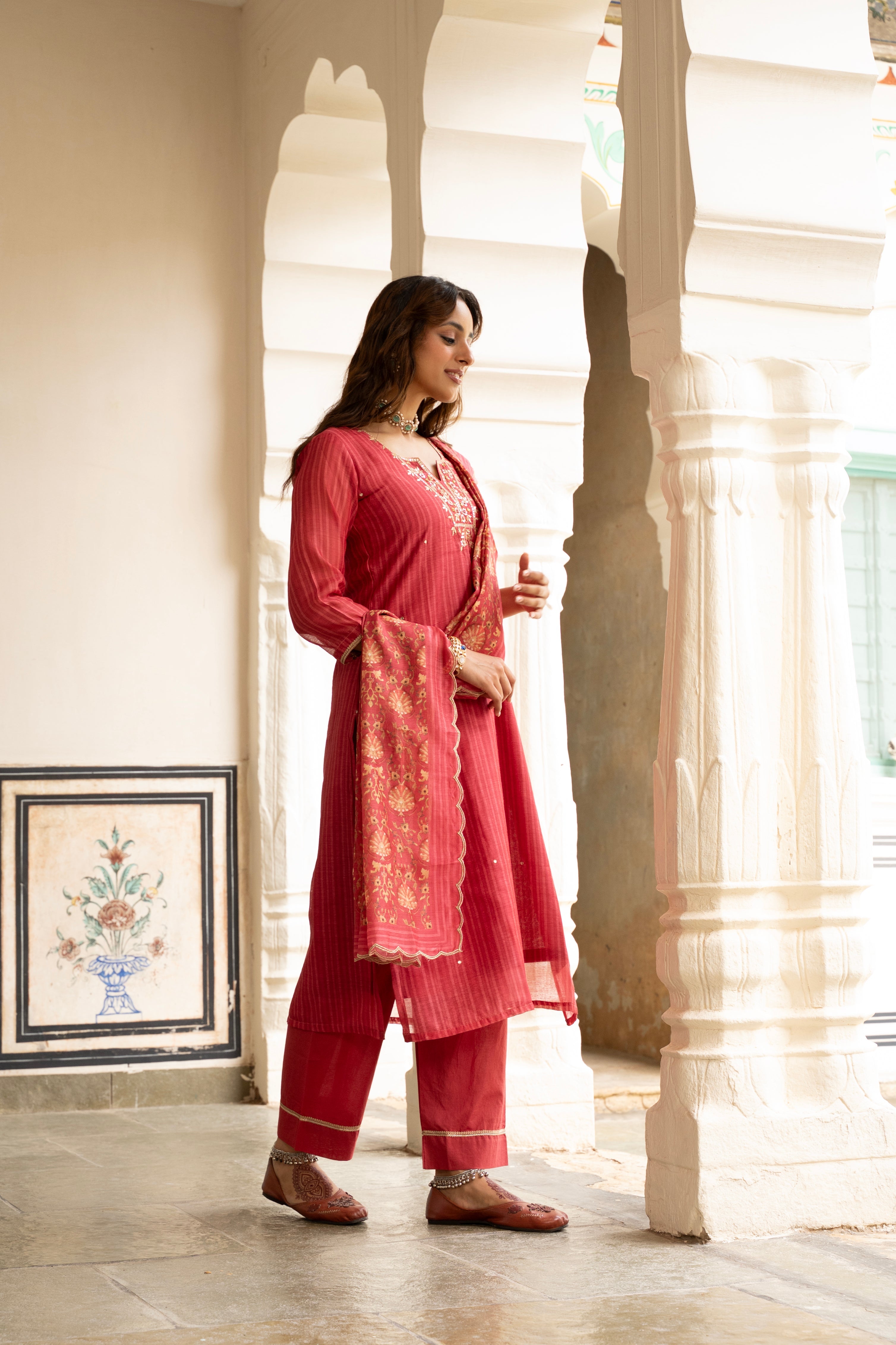 RED CHANDERI KURTA SET