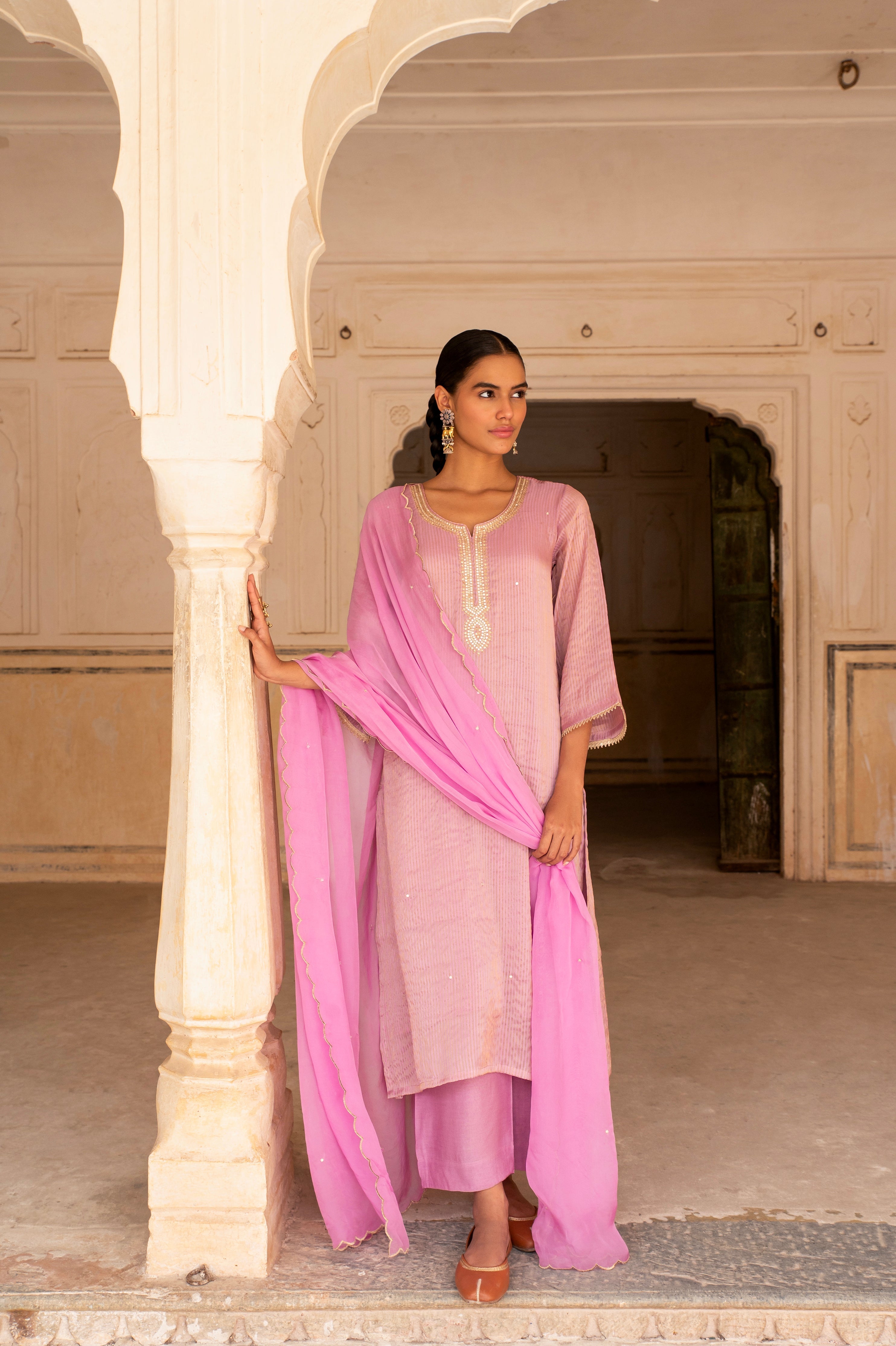 PURE MAGENTA PINK SHIMMER STRIPED KURTA SET