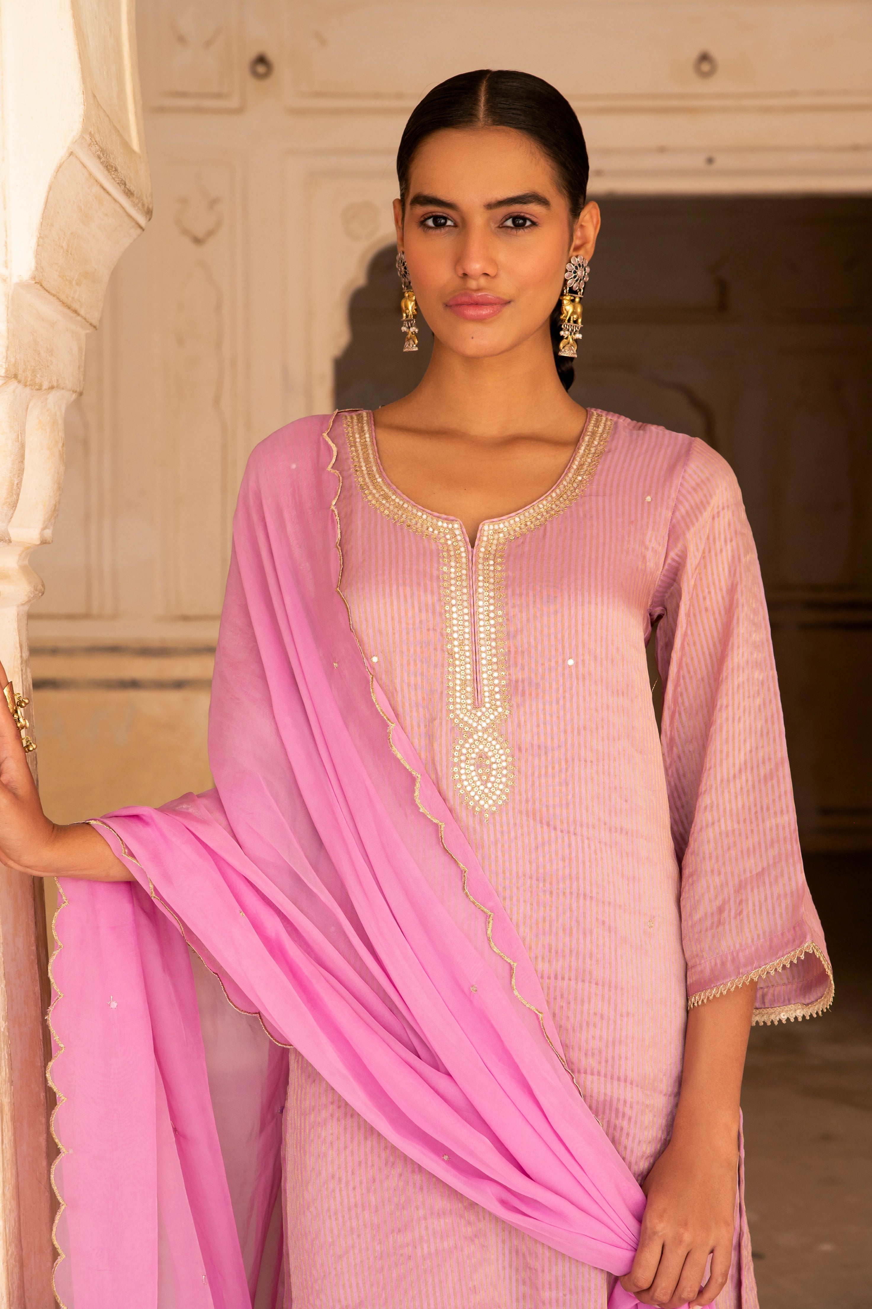 PURE MAGENTA PINK SHIMMER STRIPED KURTA SET