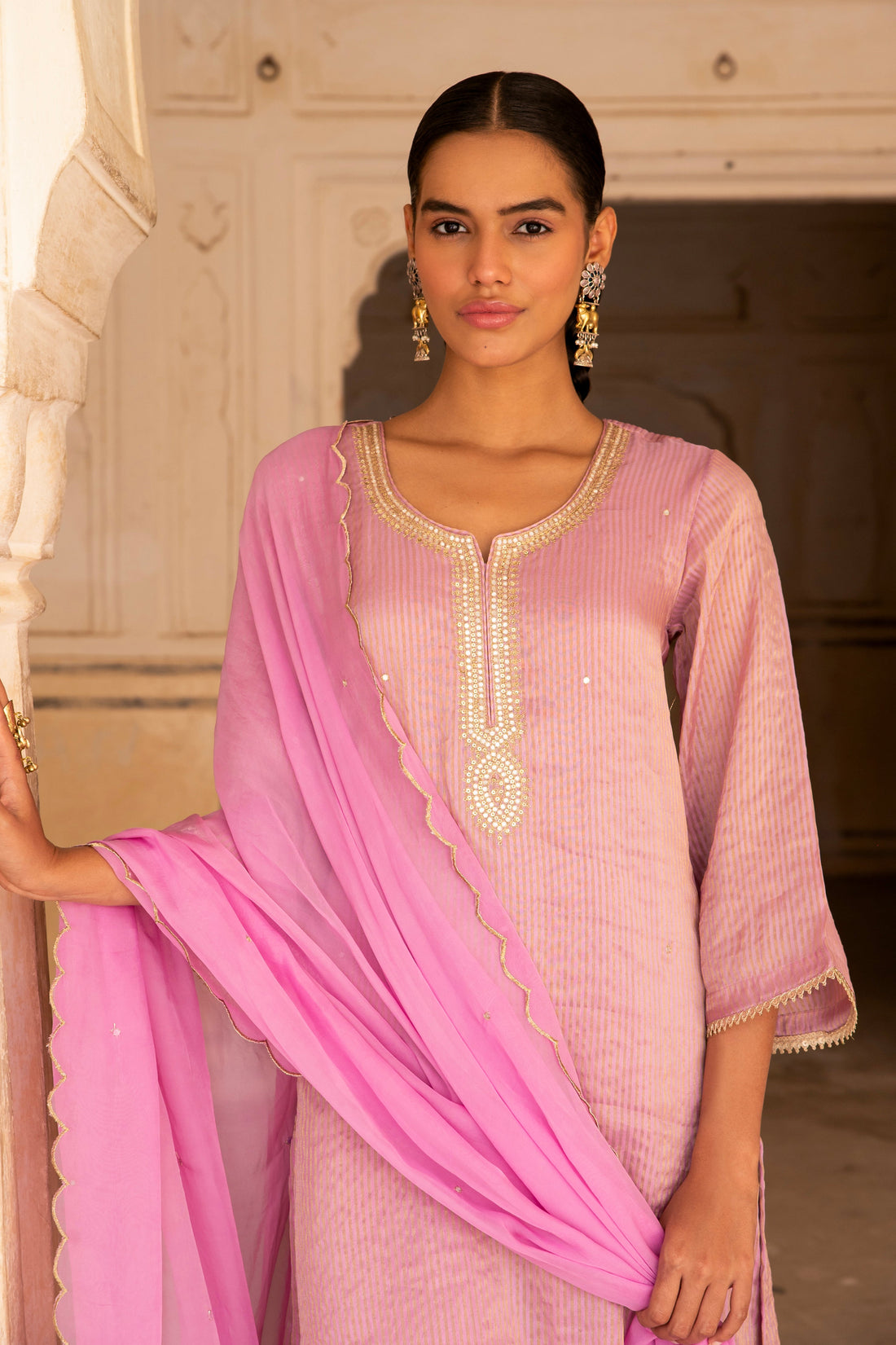 PURE MAGENTA PINK SHIMMER STRIPED KURTA SET
