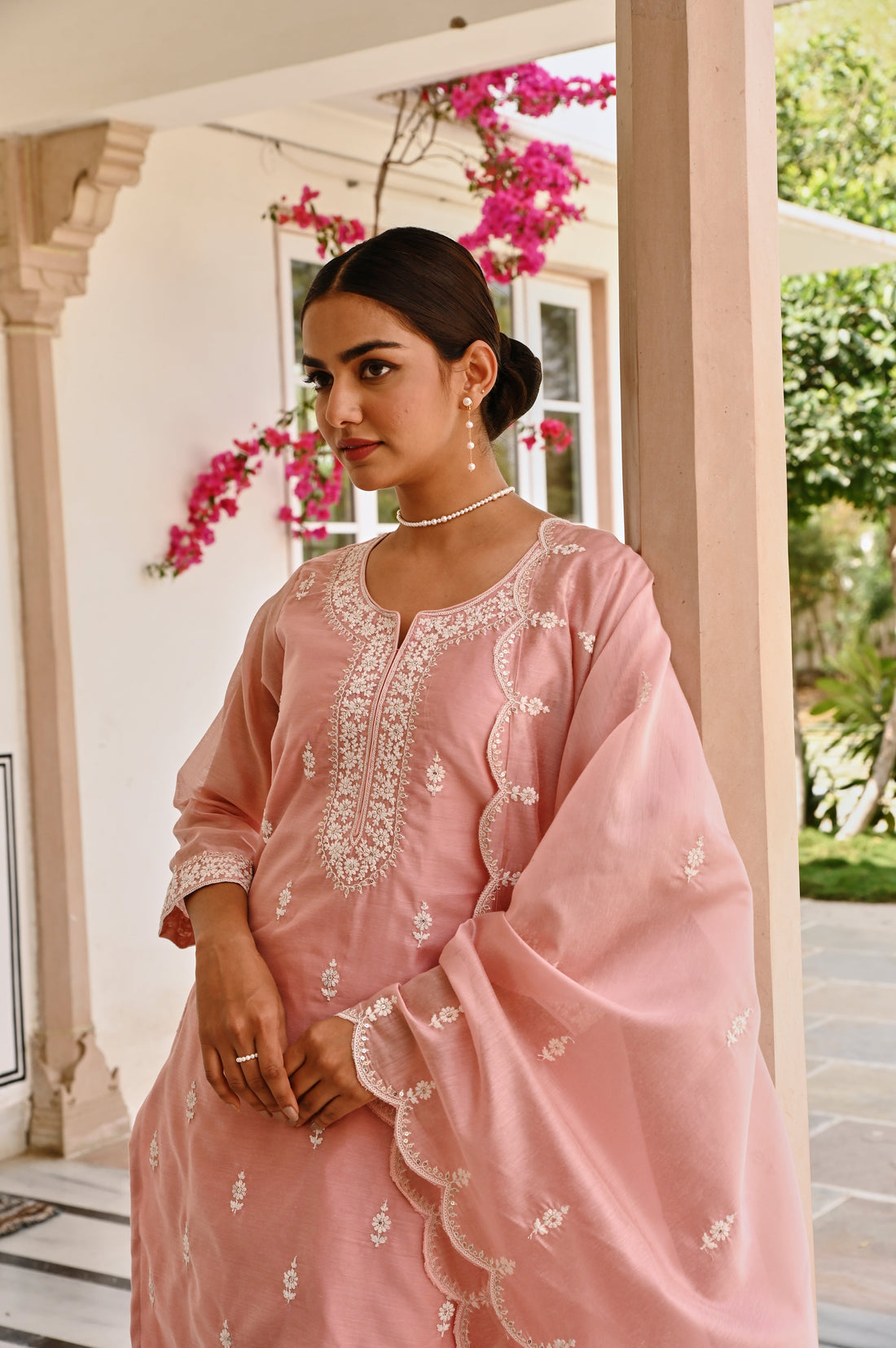 ROSE PINK CHIKANKARI EMBROIDERED CHANDERI KURTA SET