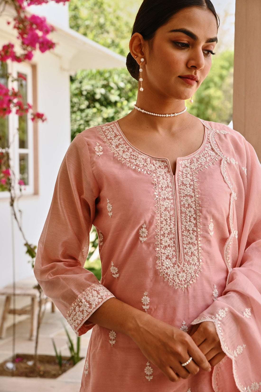 ROSE PINK CHIKANKARI EMBROIDERED CHANDERI KURTA SET