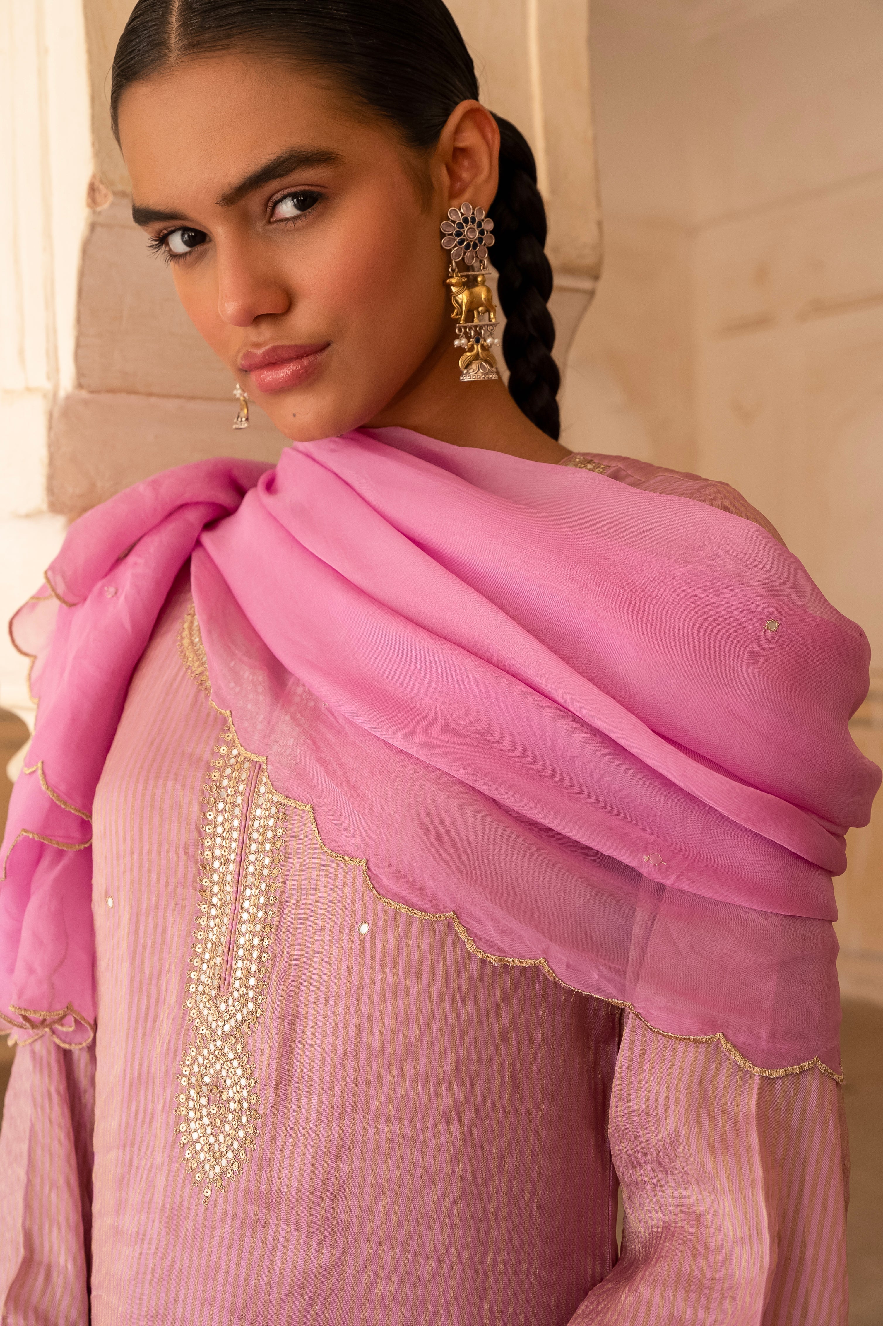 PURE MAGENTA PINK SHIMMER STRIPED KURTA SET
