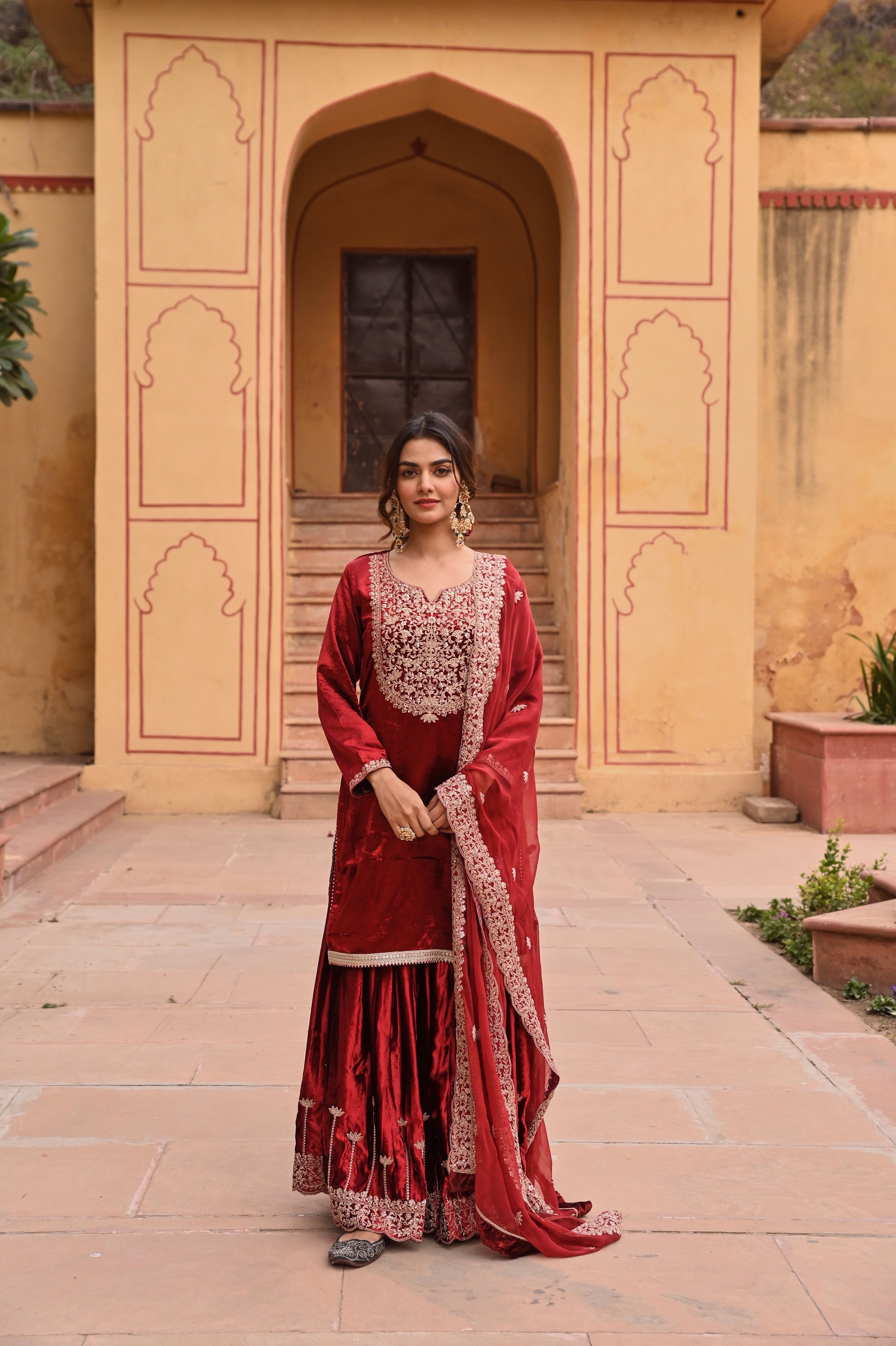 RED VELVET EMBROIDERED SHARARA SET
