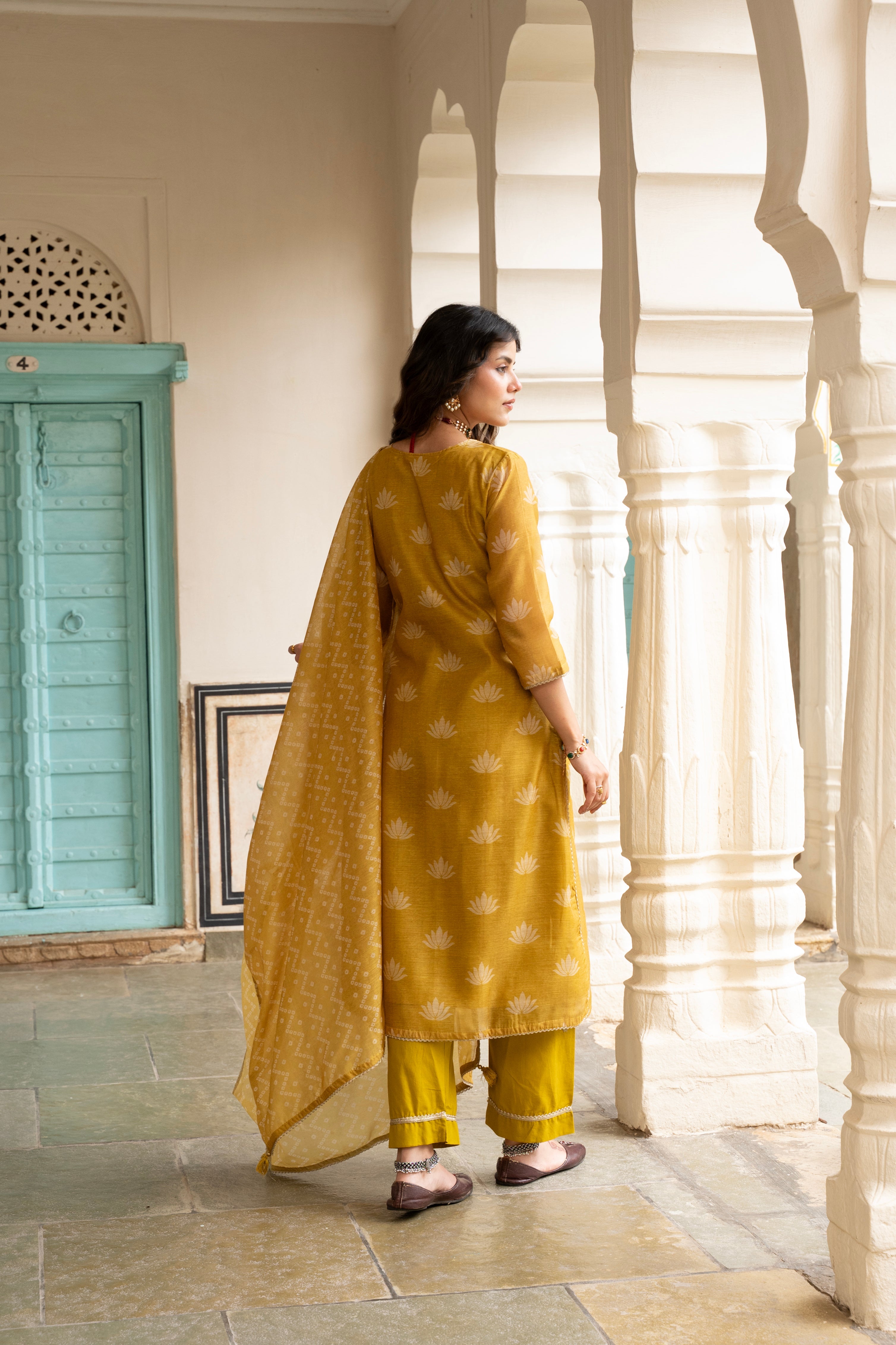 MUSTARD CHANDERI KURTA SET