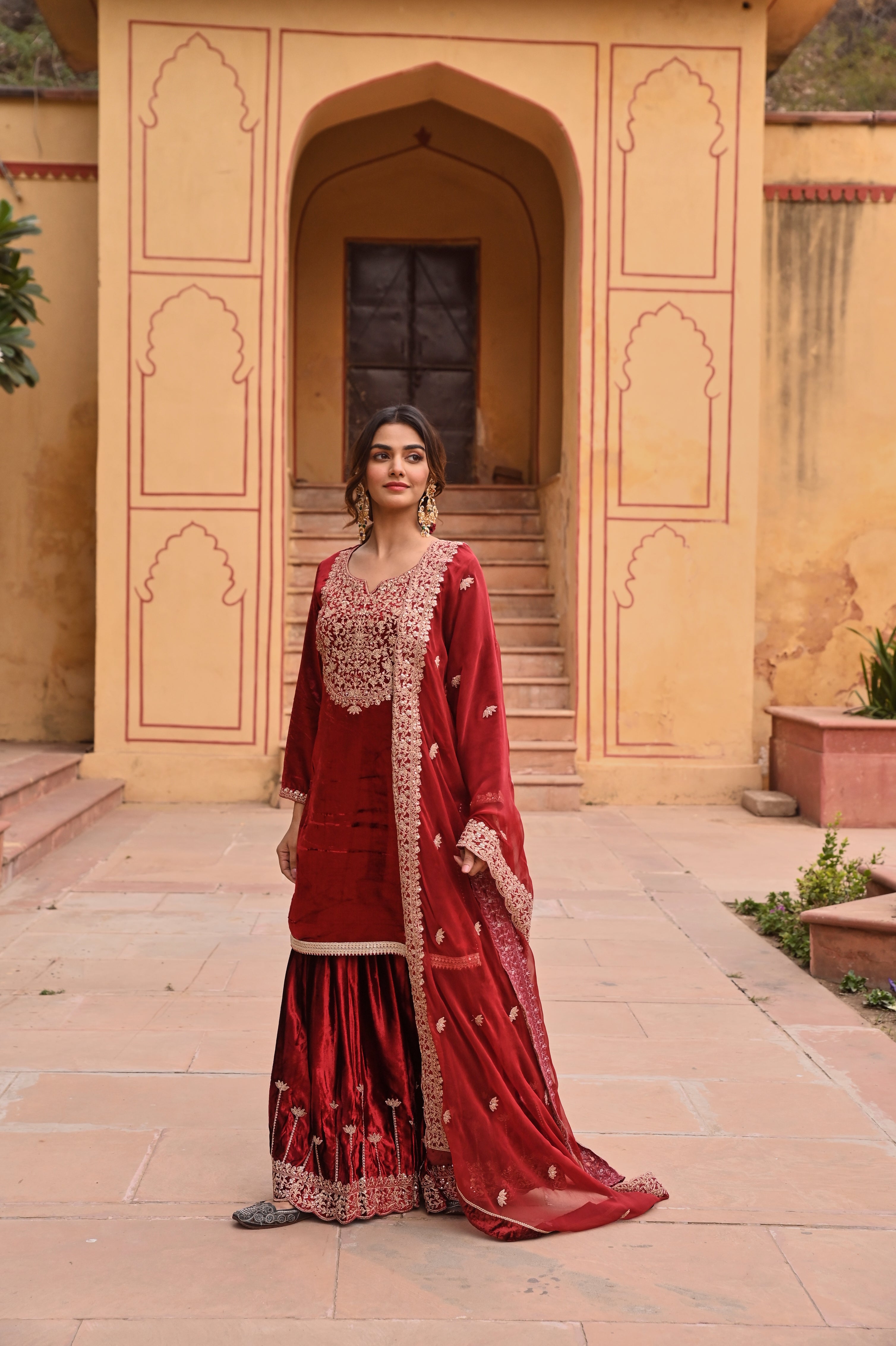 RED VELVET EMBROIDERED SHARARA SET