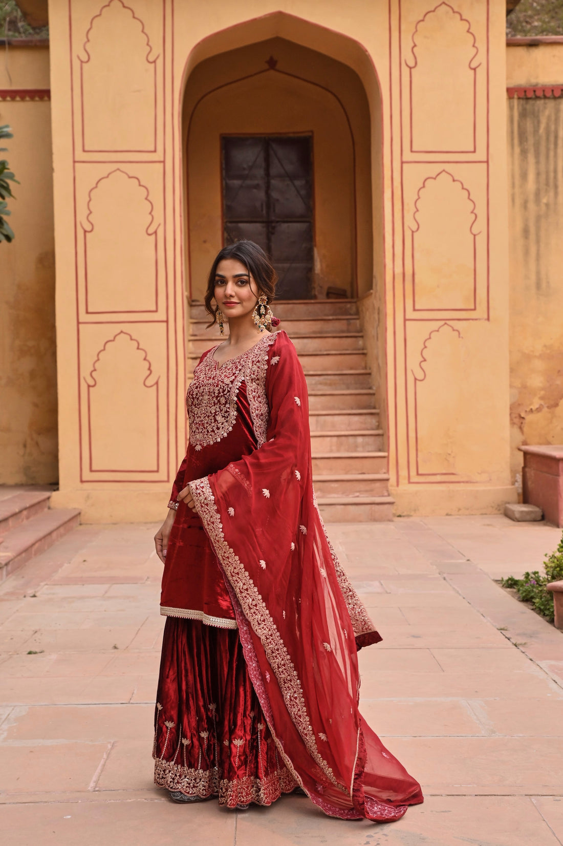 RED VELVET EMBROIDERED SHARARA SET