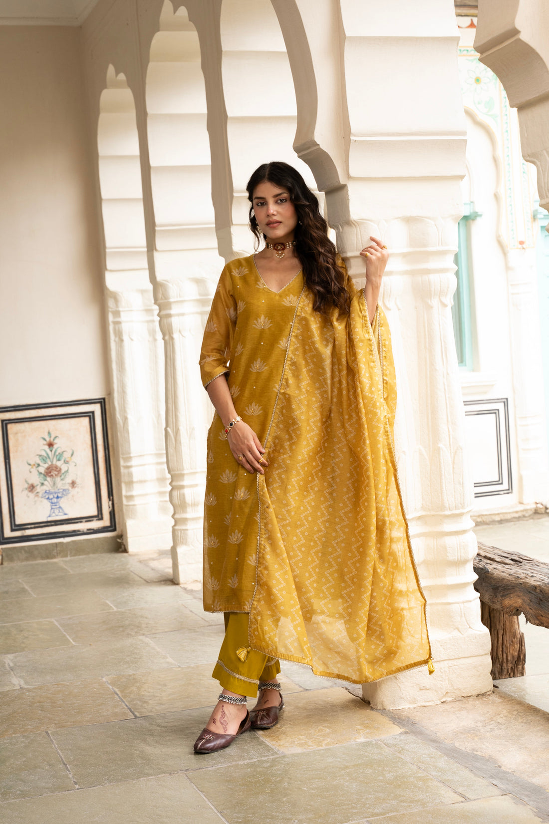 MUSTARD CHANDERI KURTA SET