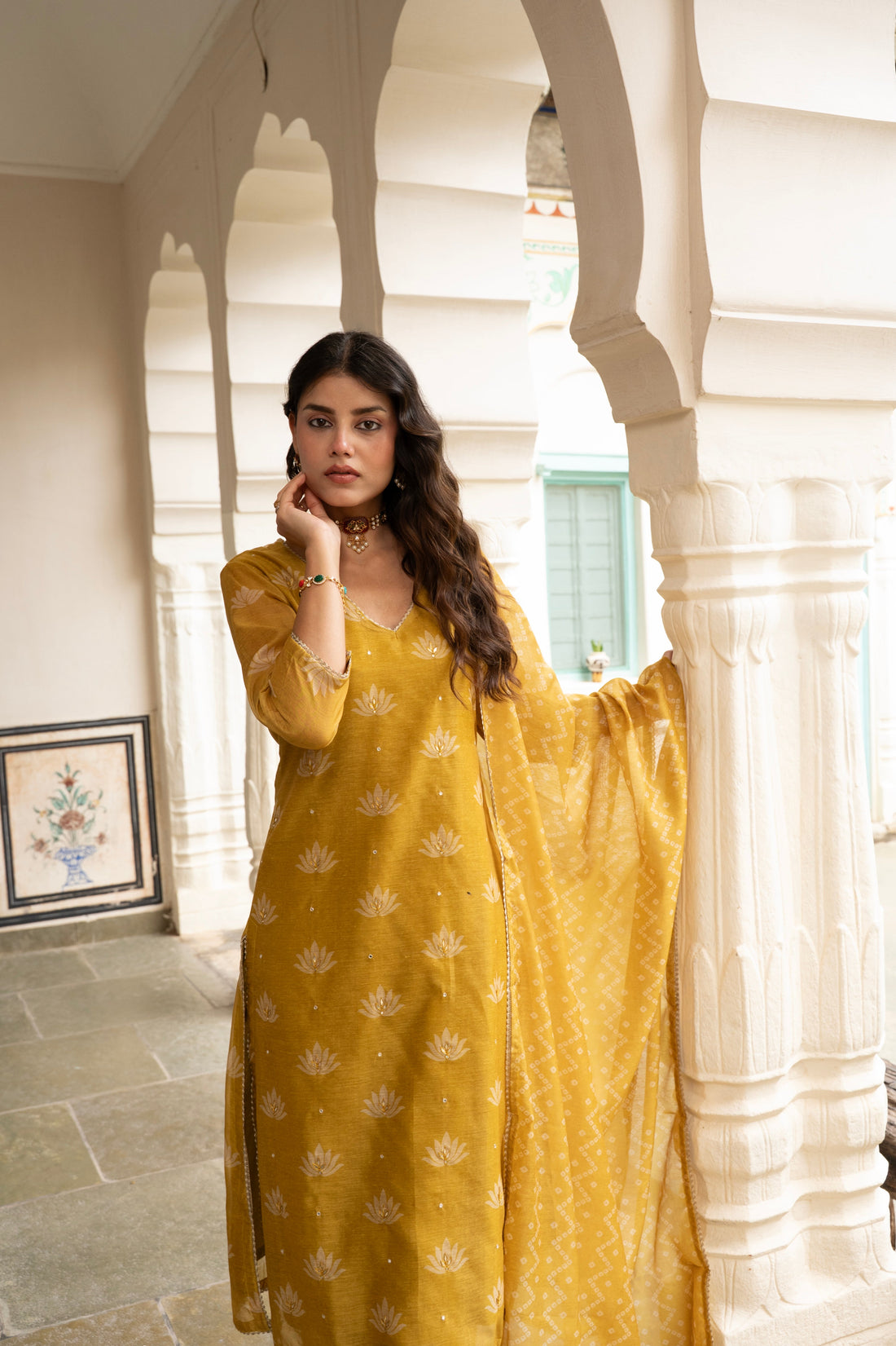 MUSTARD CHANDERI KURTA SET