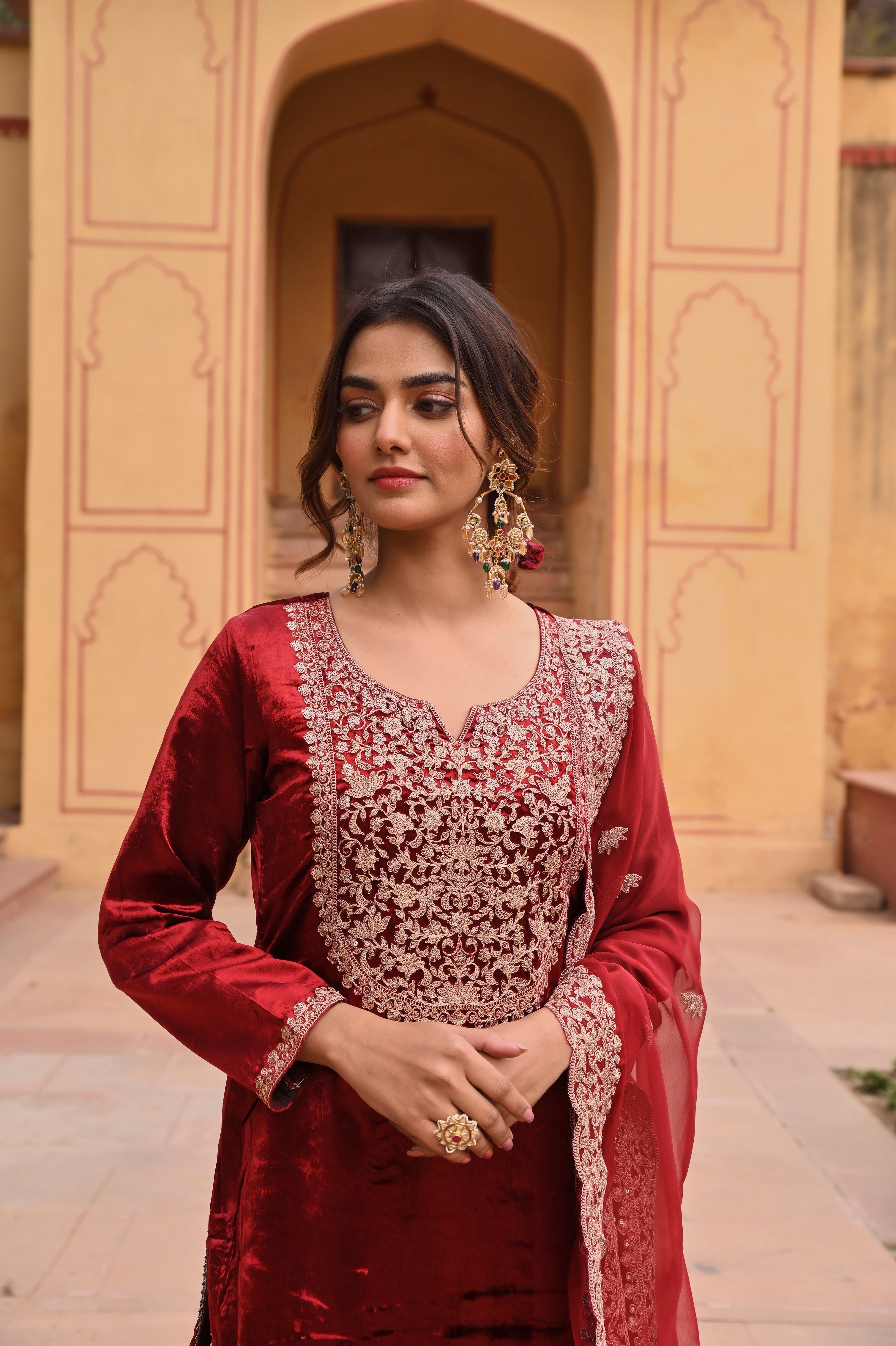 RED VELVET EMBROIDERED SHARARA SET