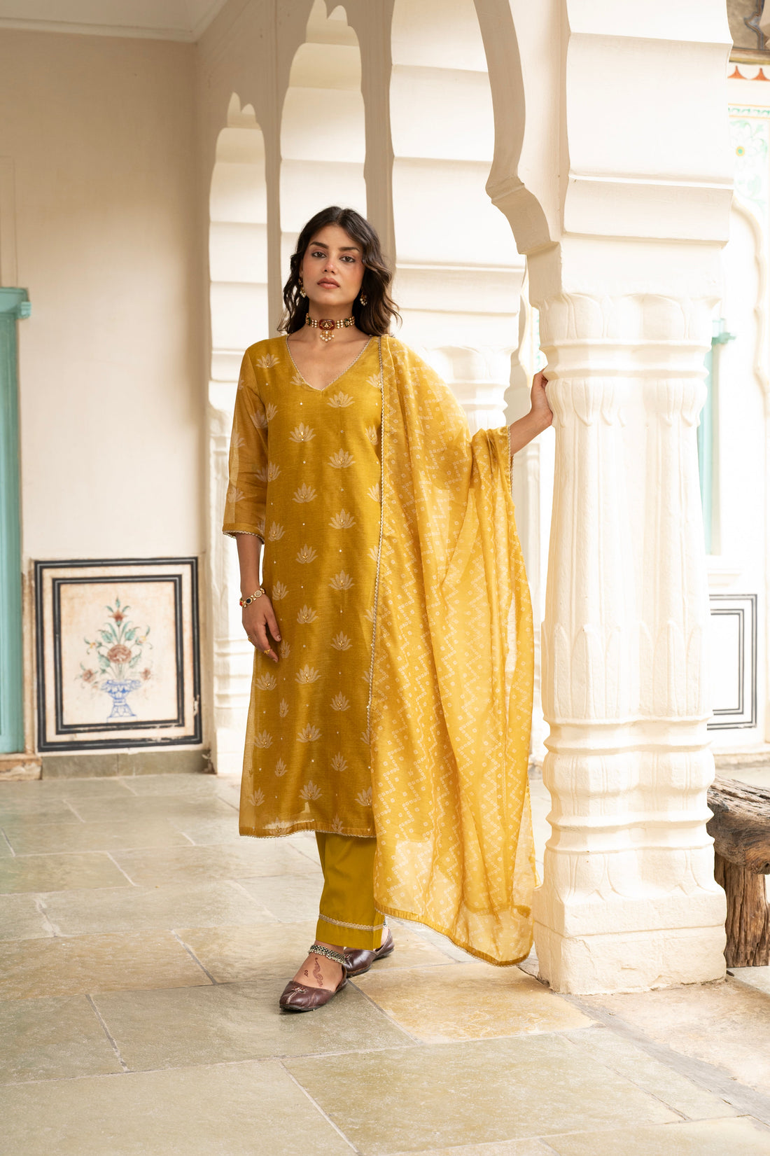 MUSTARD CHANDERI KURTA SET