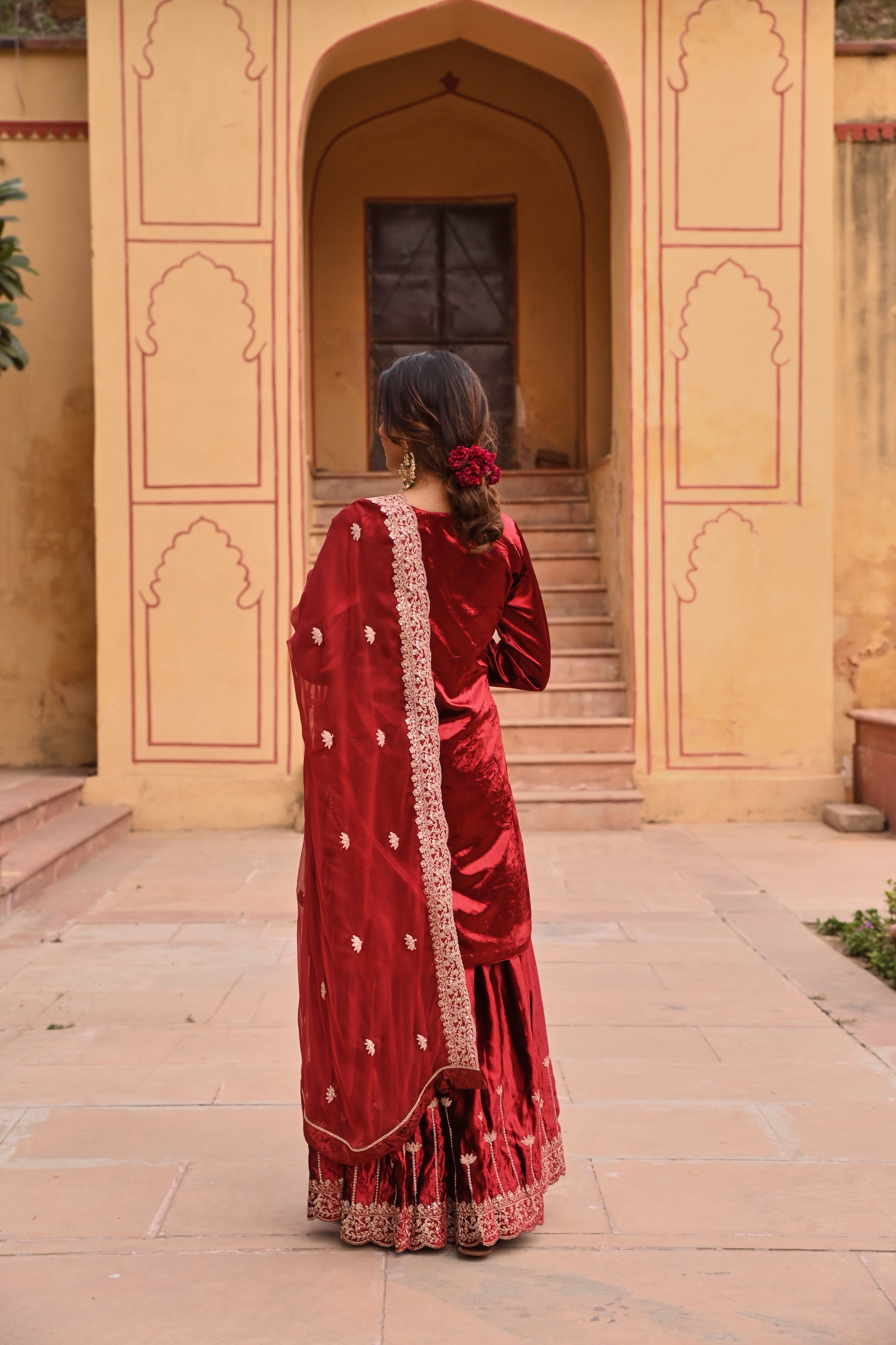 RED VELVET EMBROIDERED SHARARA SET