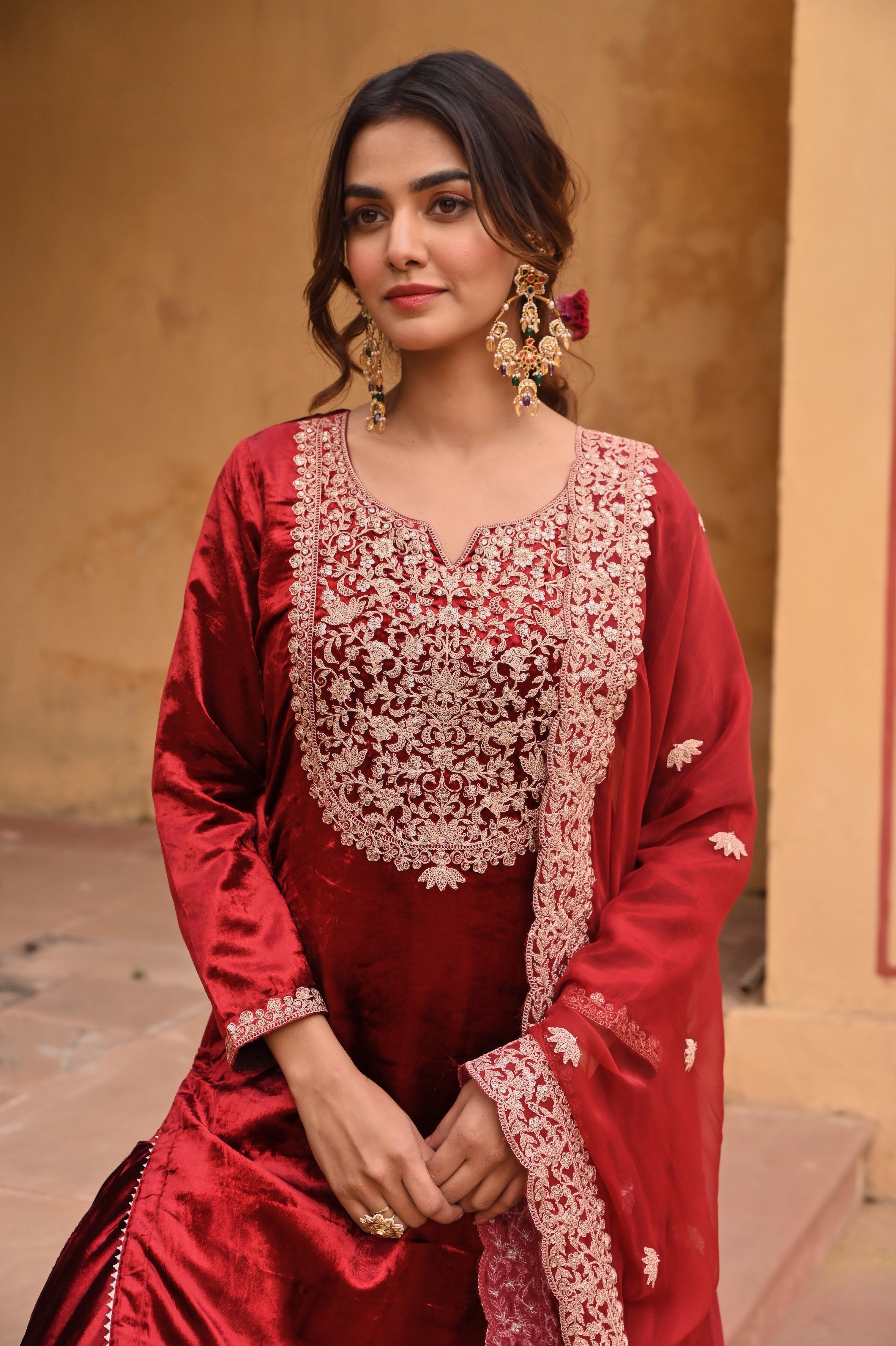 RED VELVET EMBROIDERED SHARARA SET