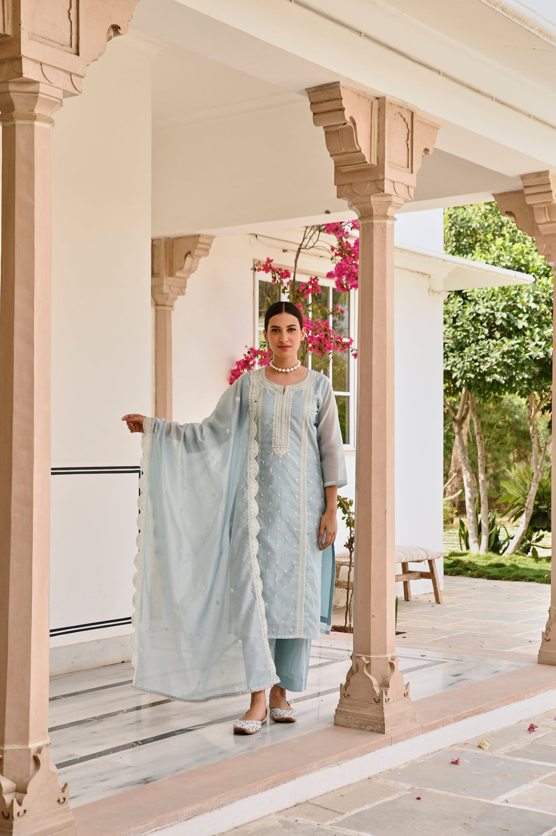 OCEAN GREEN CHIKANKARI EMBROIDERED CHANDERI KURTA SET