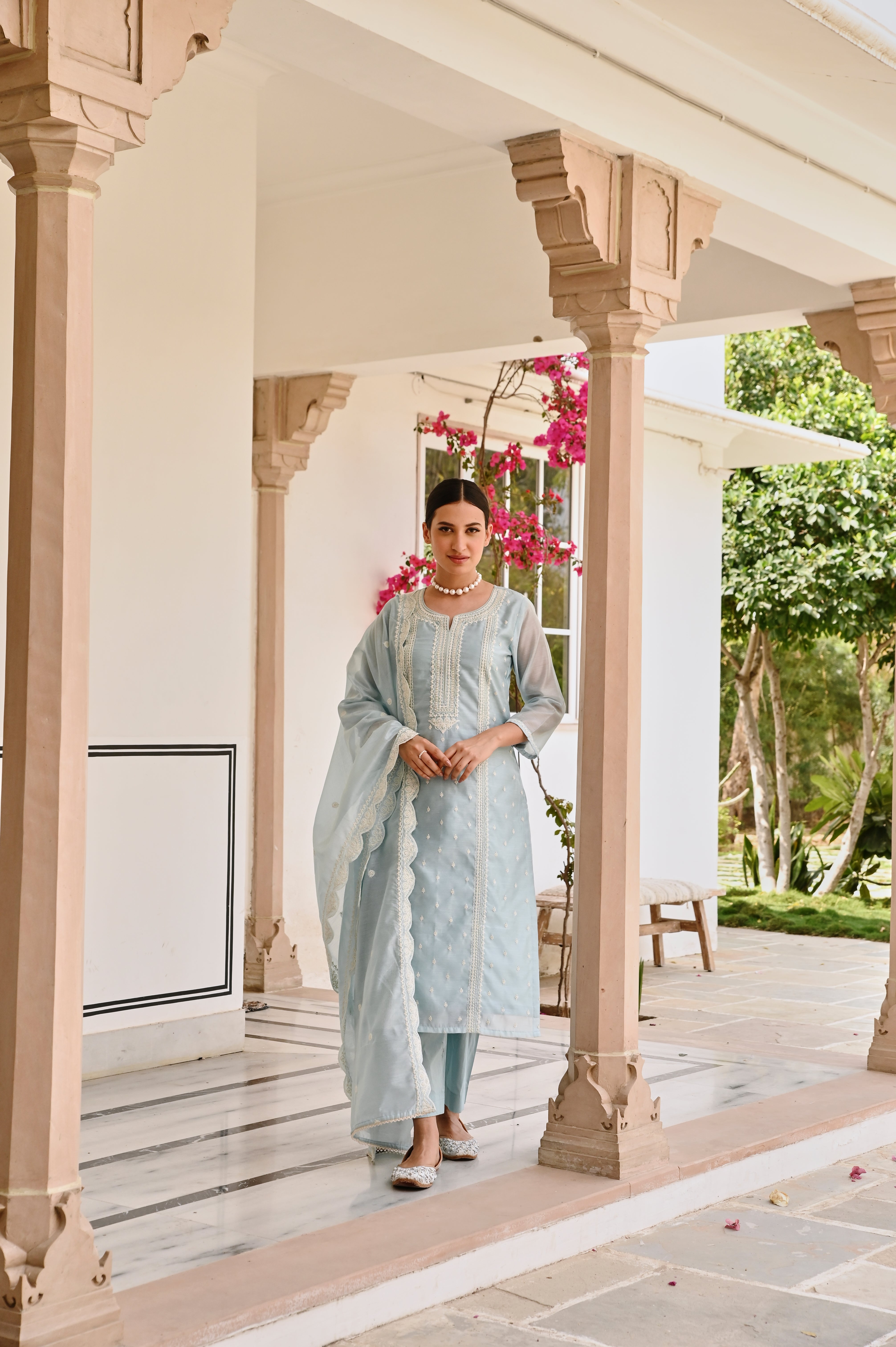 OCEAN GREEN CHIKANKARI EMBROIDERED CHANDERI KURTA SET