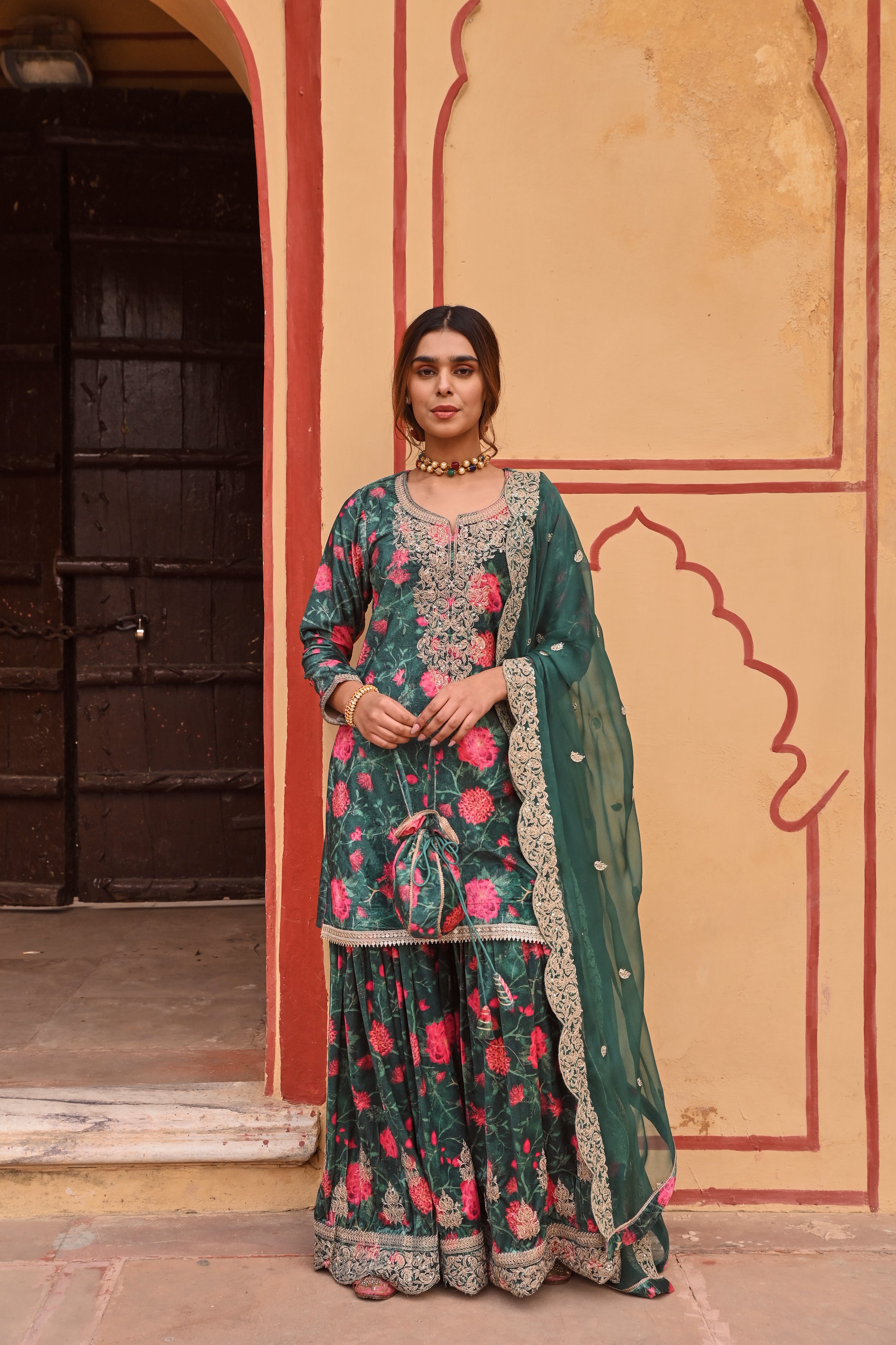 GREEN FLORAL PRINTED VELVET SHARARA SET