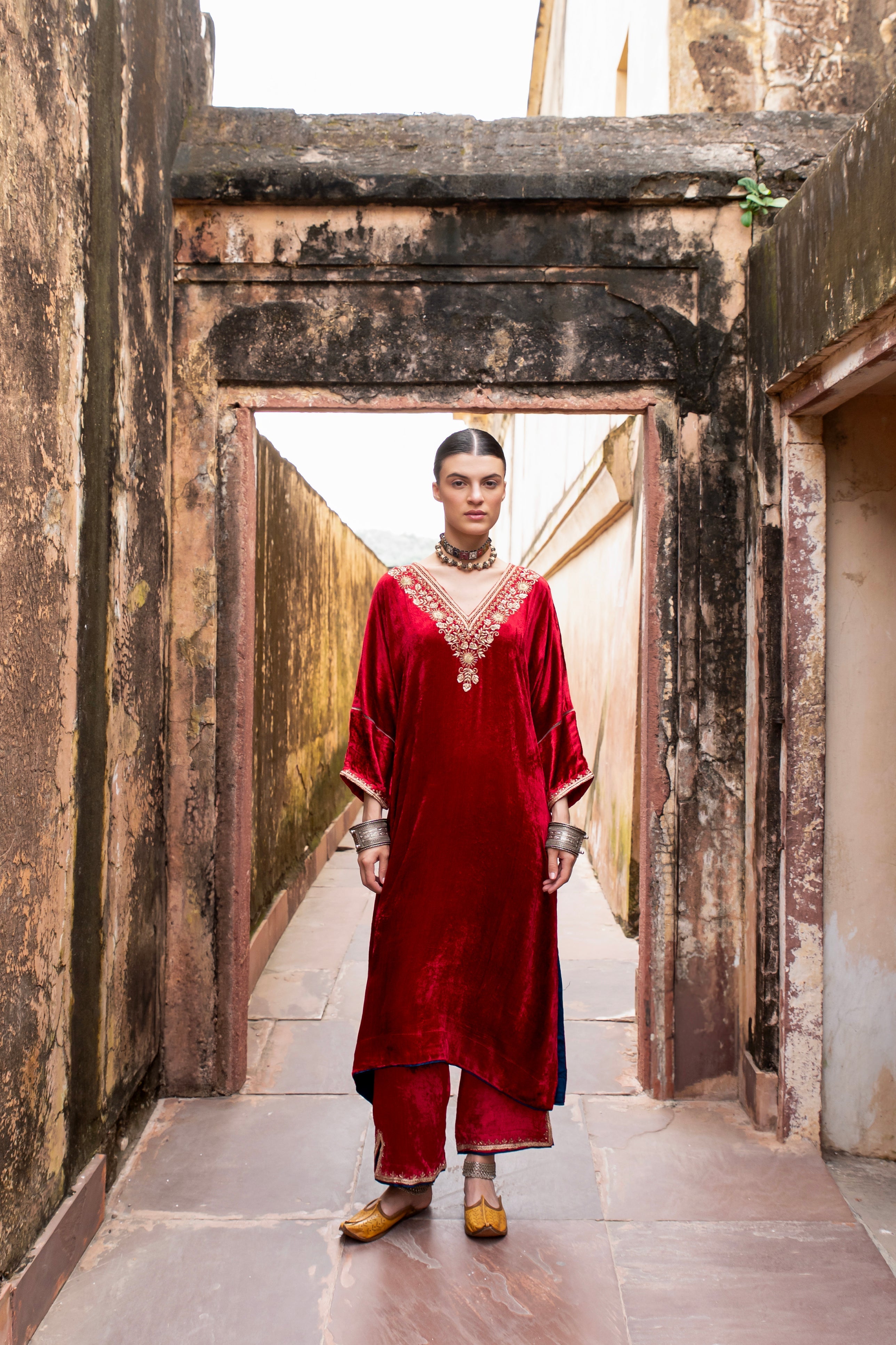 RED PURE VELVET V-NECK EMBROIDERED KURTA SET