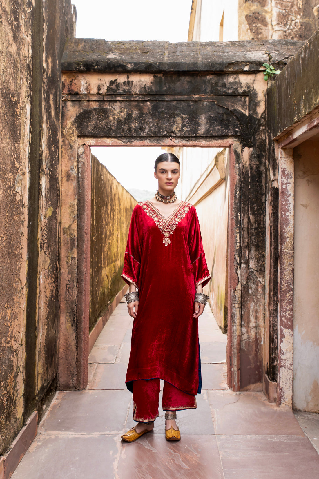 RED PURE VELVET V-NECK EMBROIDERED KURTA SET