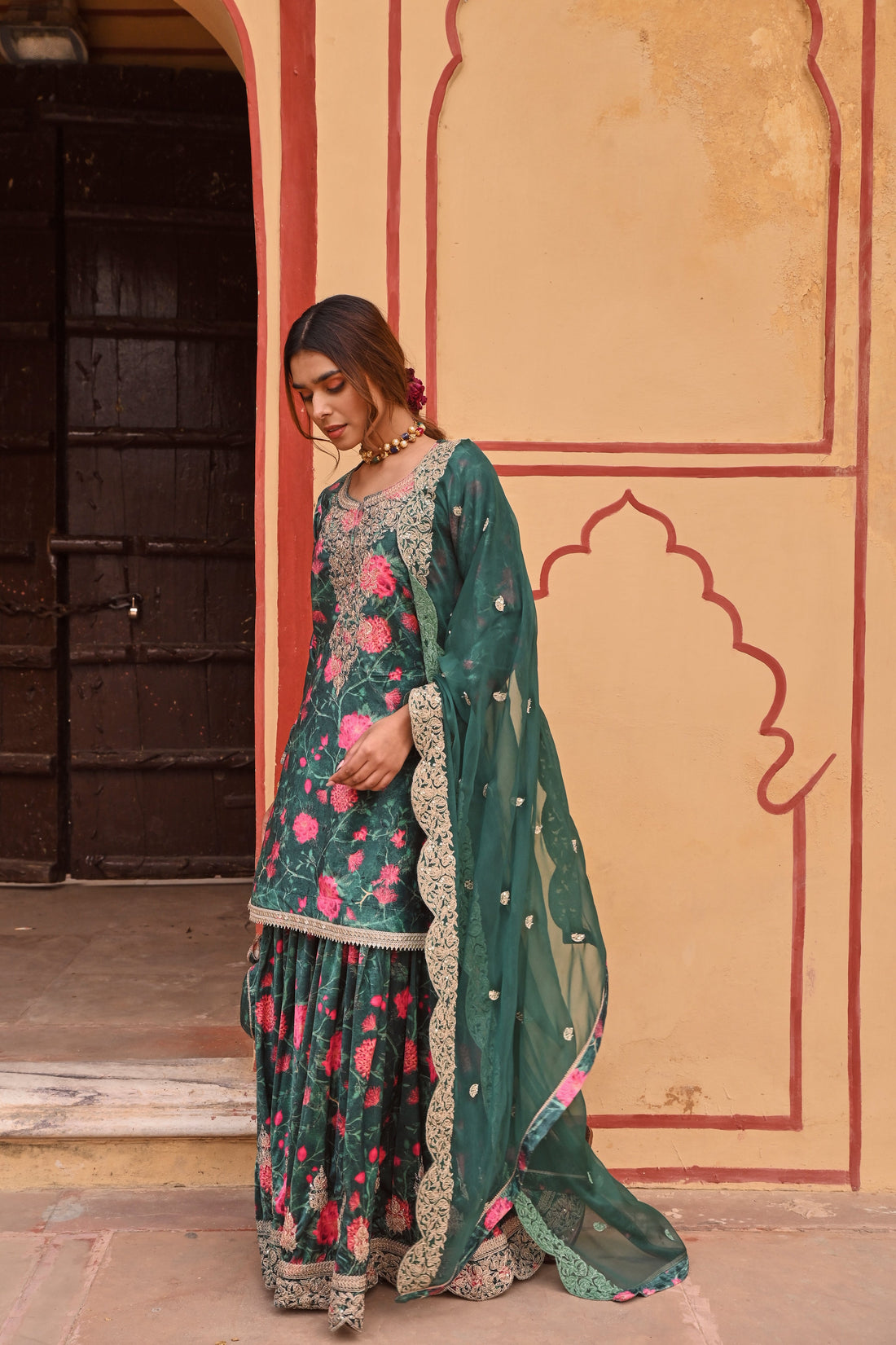 GREEN FLORAL PRINTED VELVET SHARARA SET