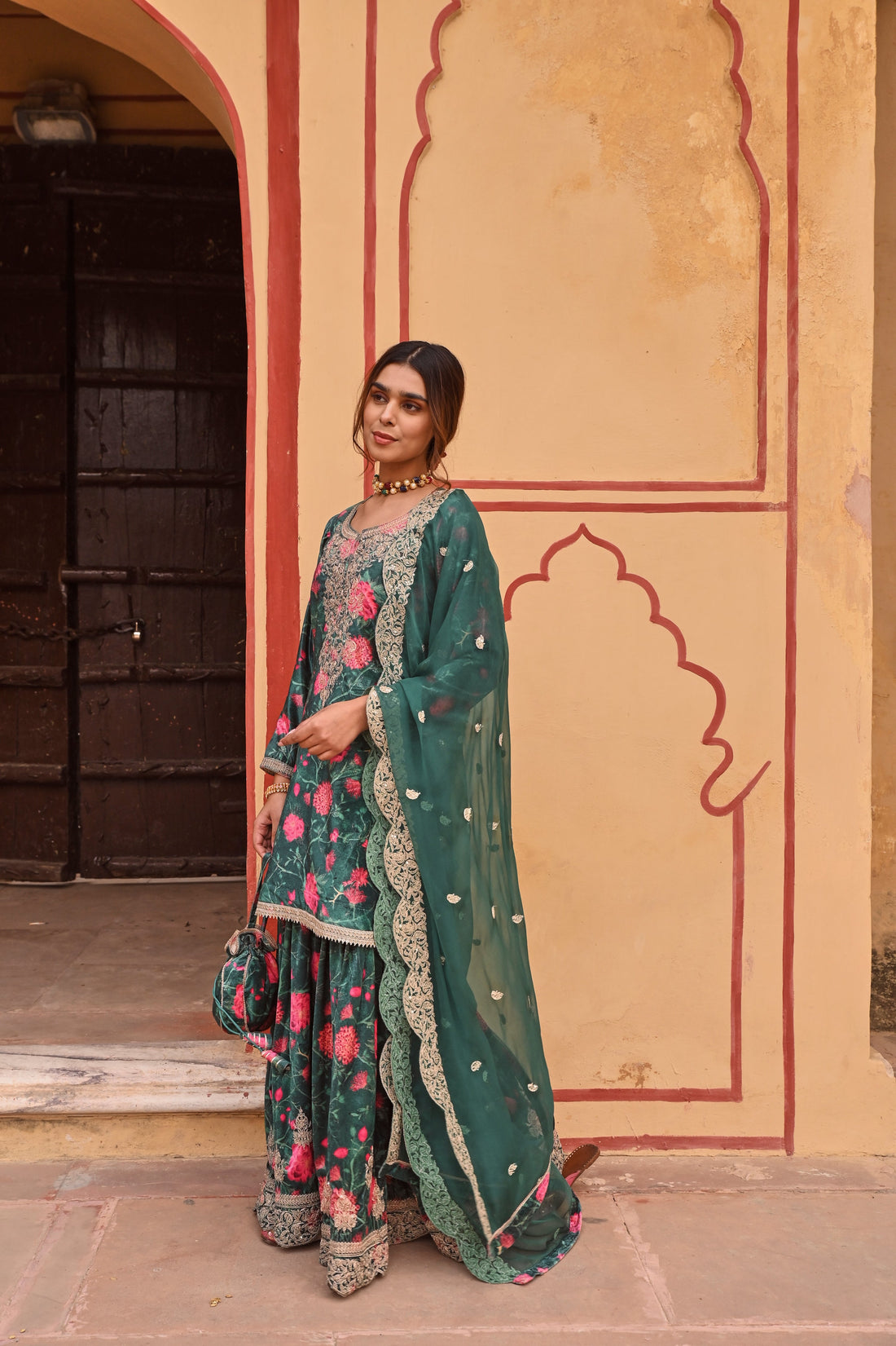 GREEN FLORAL PRINTED VELVET SHARARA SET