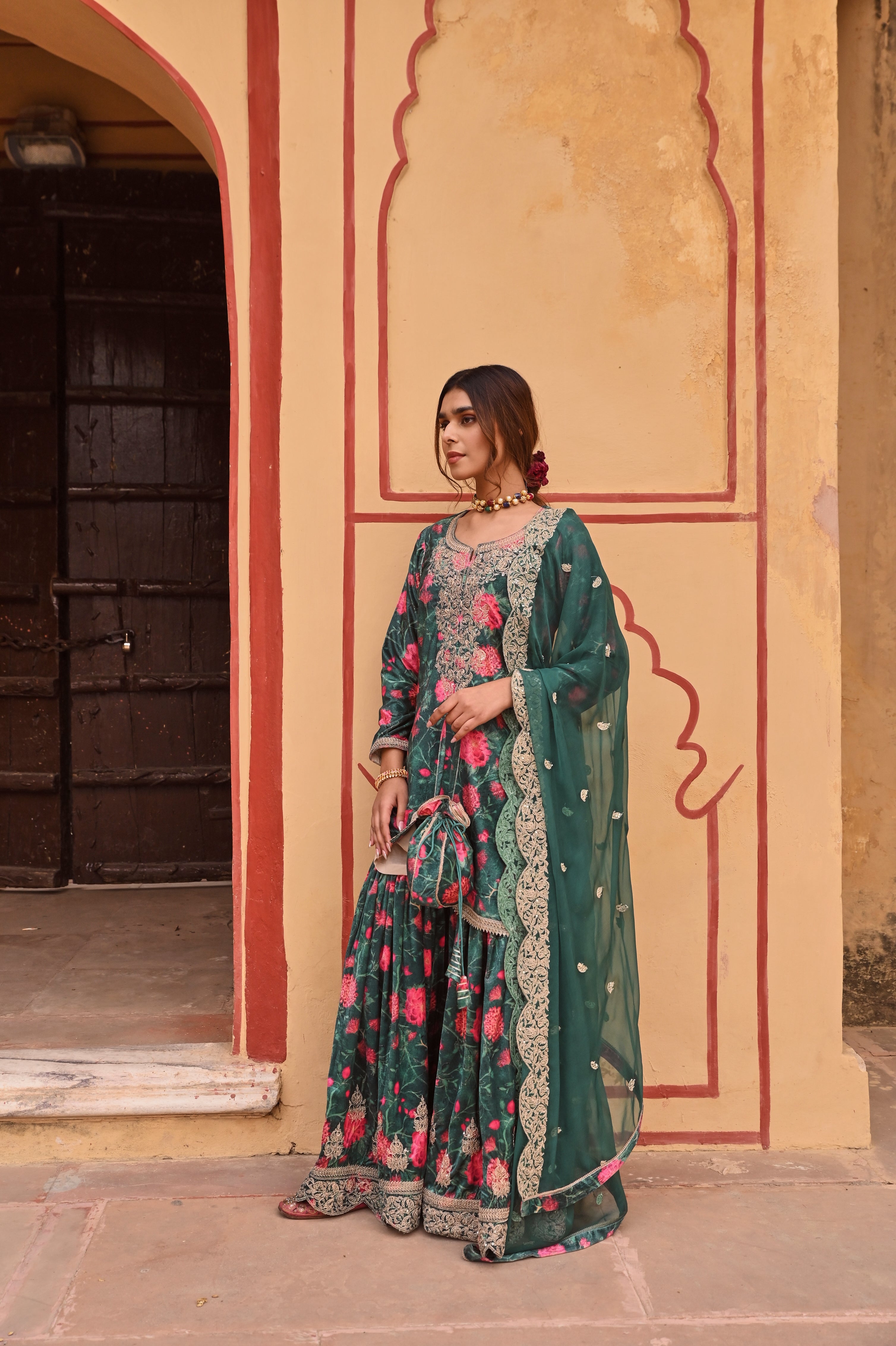 GREEN FLORAL PRINTED VELVET SHARARA SET