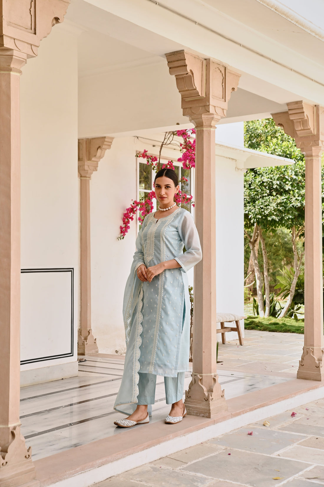 OCEAN GREEN CHIKANKARI EMBROIDERED CHANDERI KURTA SET