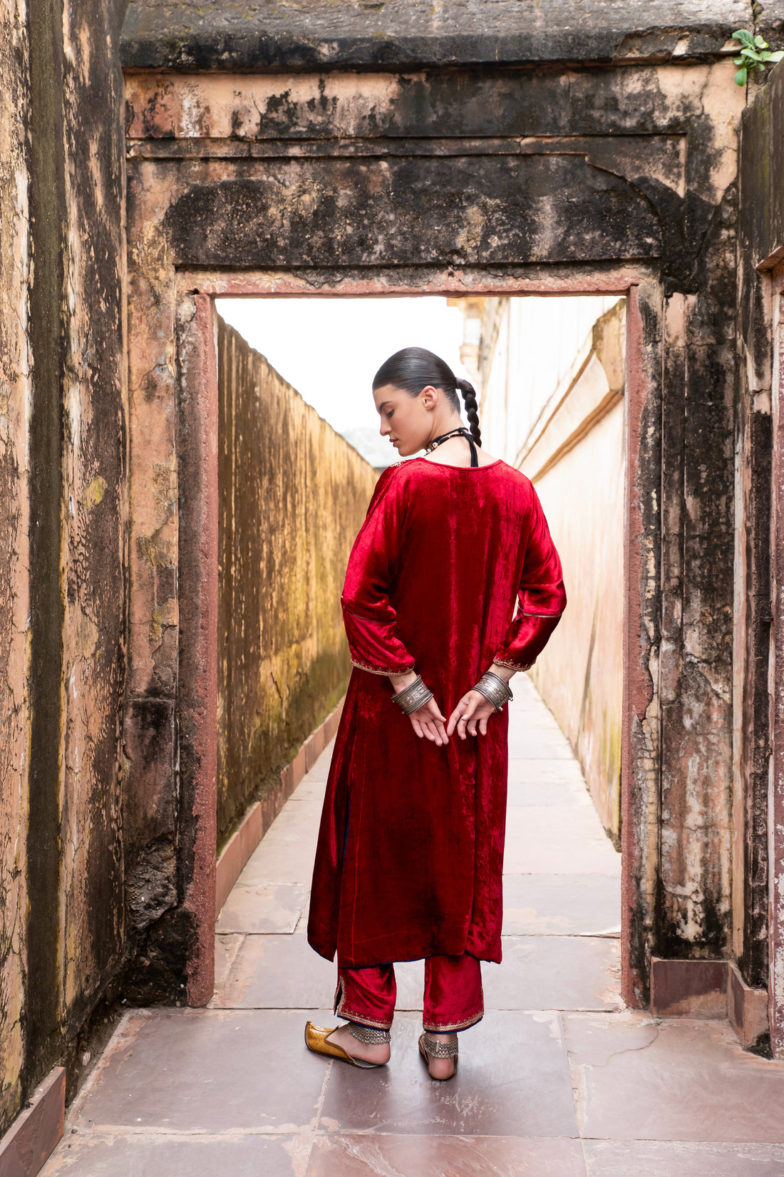 RED PURE VELVET V-NECK EMBROIDERED KURTA SET