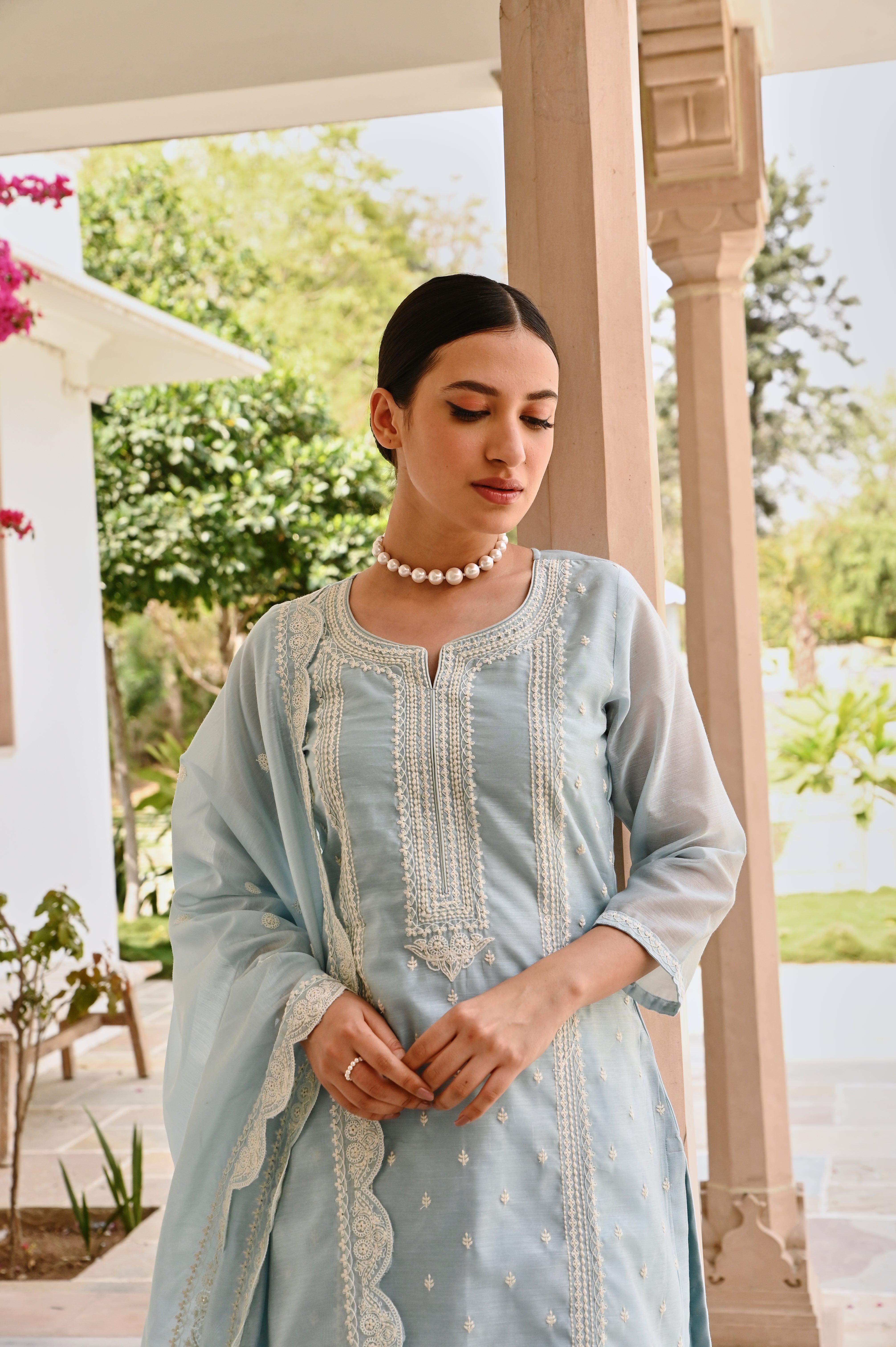 OCEAN GREEN CHIKANKARI EMBROIDERED CHANDERI KURTA SET