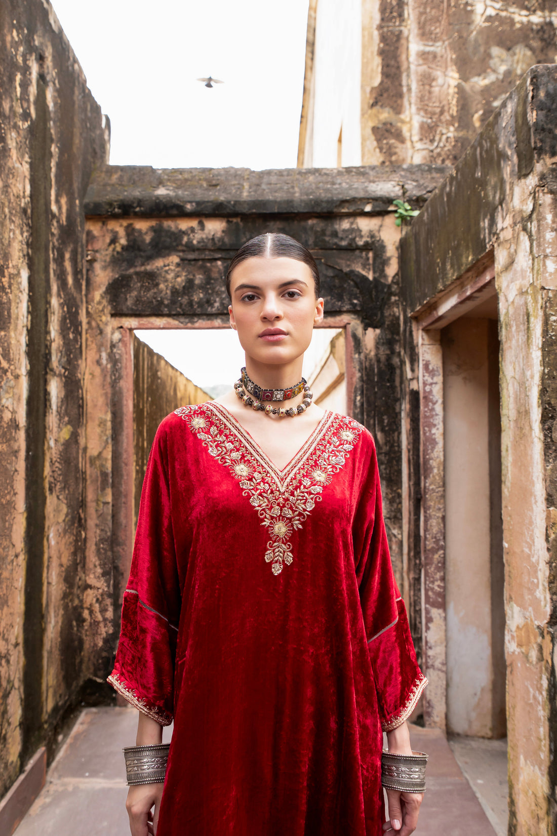 RED PURE VELVET V-NECK EMBROIDERED KURTA SET