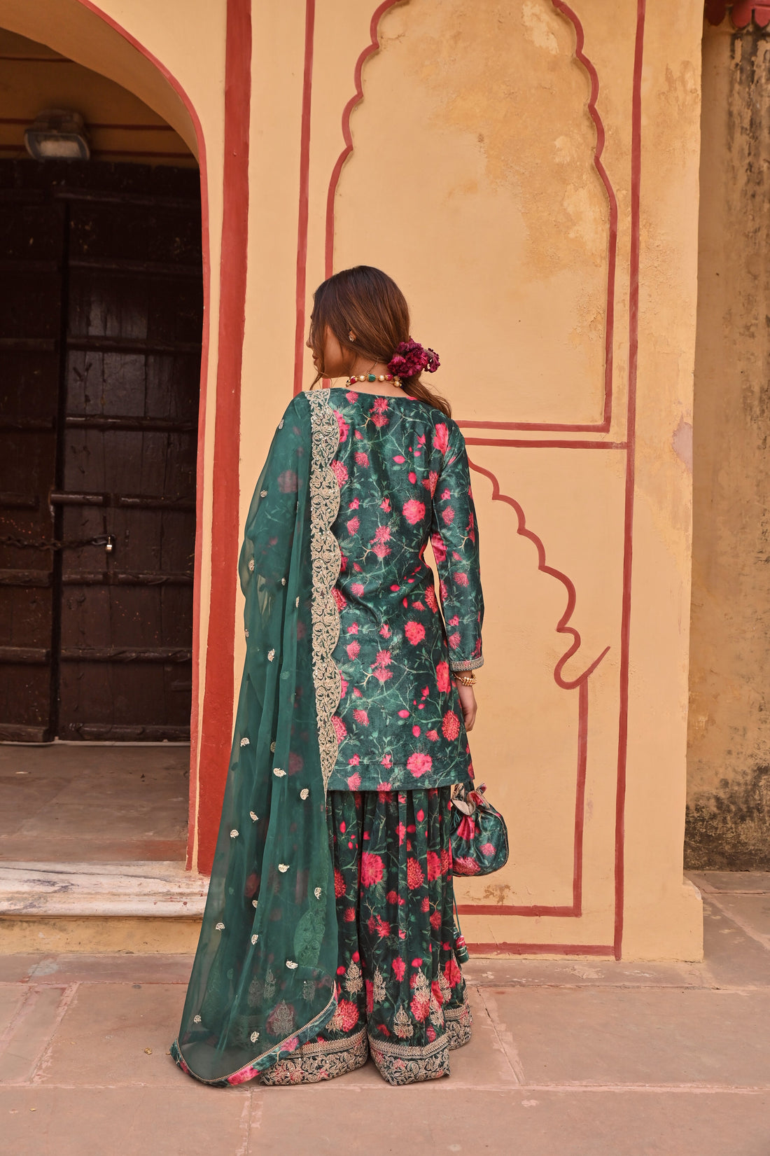 GREEN FLORAL PRINTED VELVET SHARARA SET