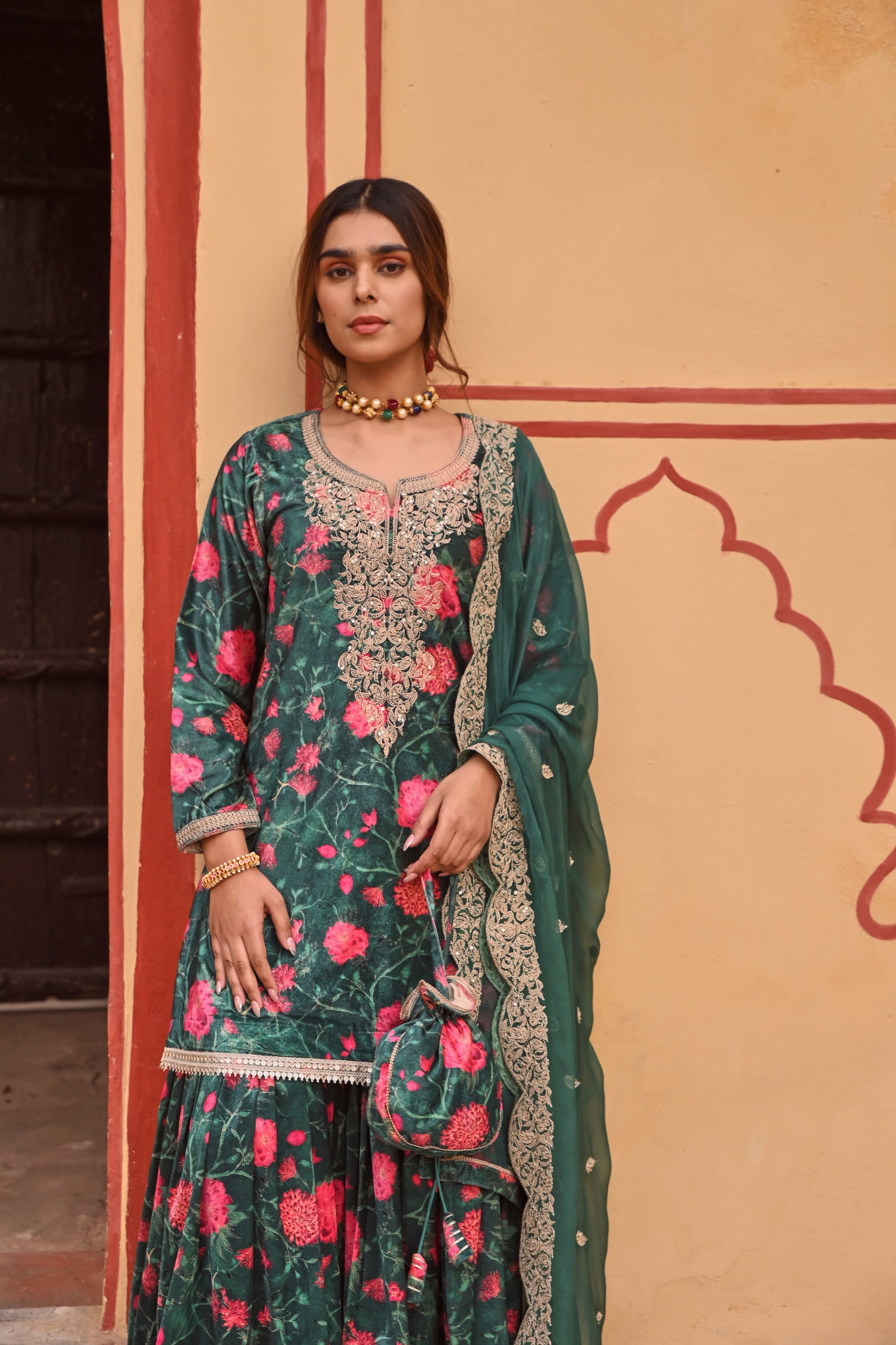 GREEN FLORAL PRINTED VELVET SHARARA SET
