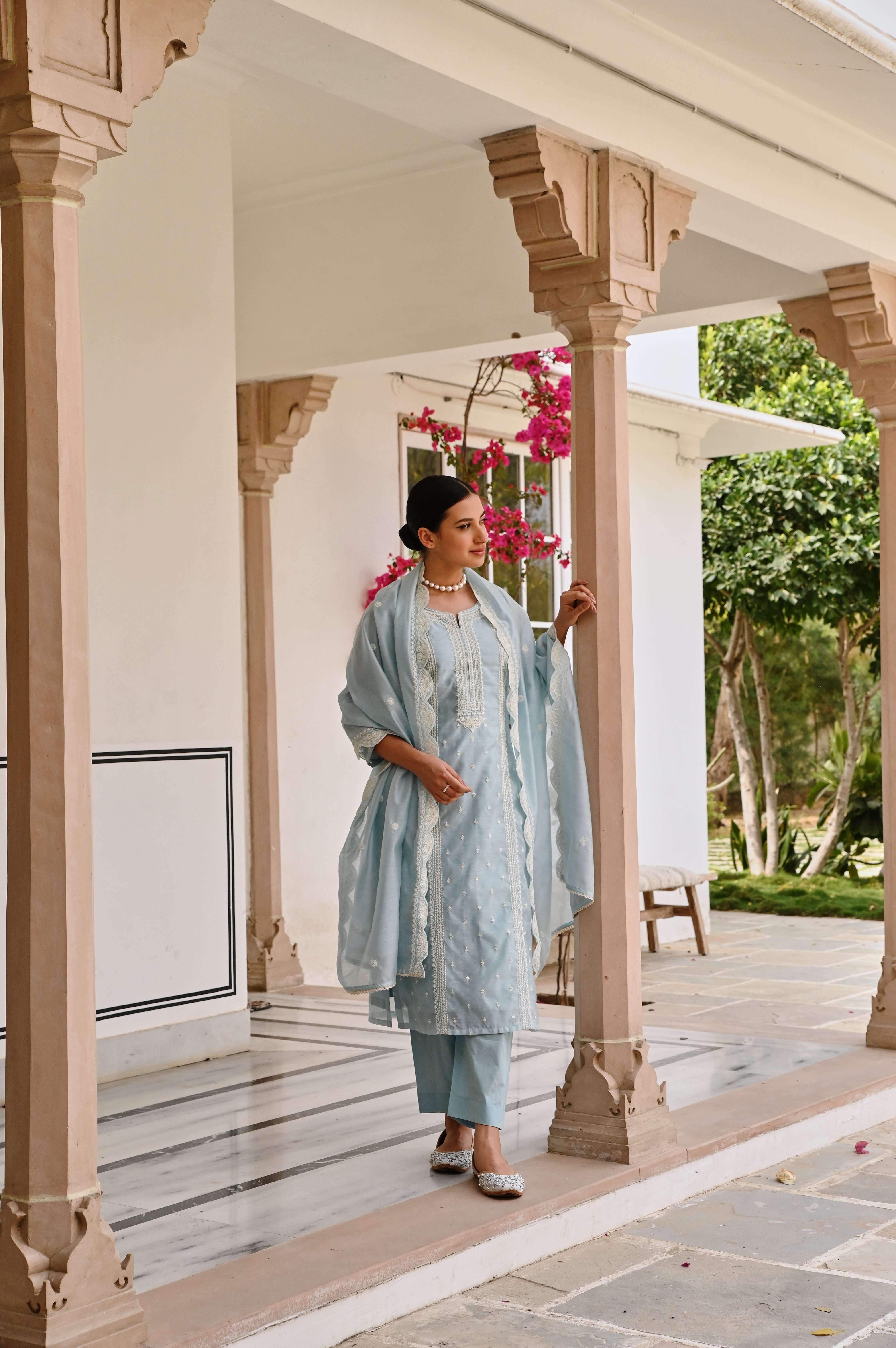 OCEAN GREEN CHIKANKARI EMBROIDERED CHANDERI KURTA SET