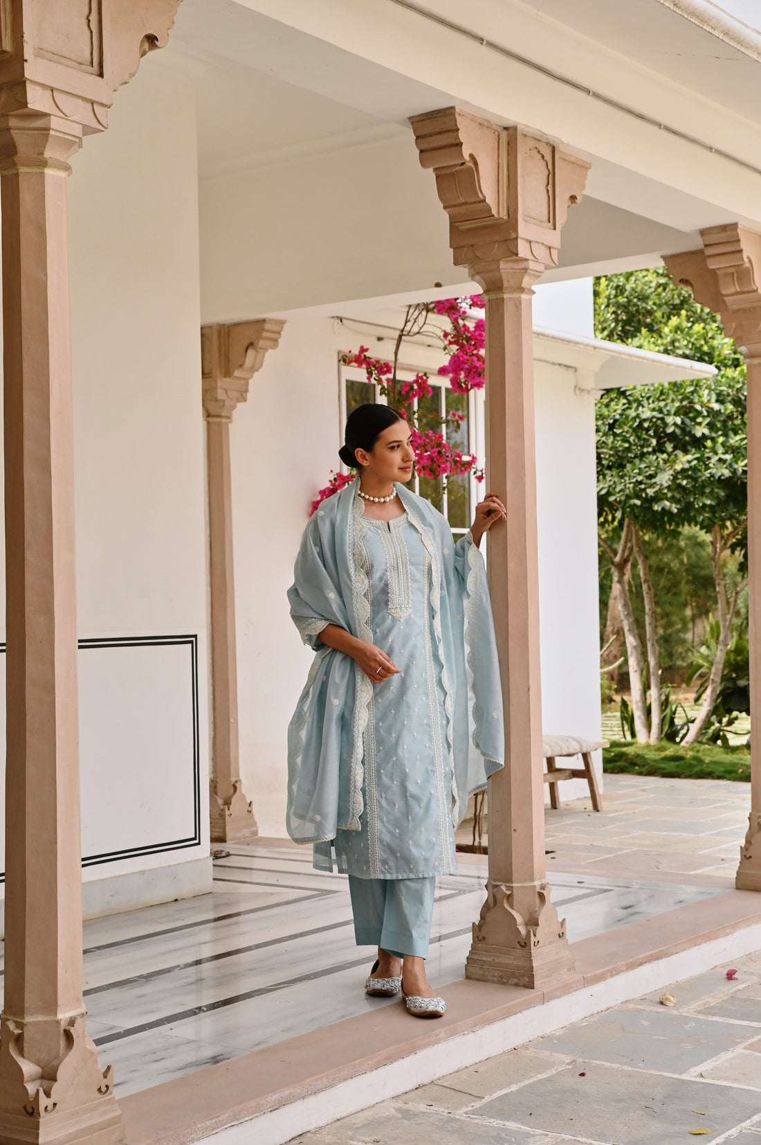 OCEAN GREEN CHIKANKARI EMBROIDERED CHANDERI KURTA SET