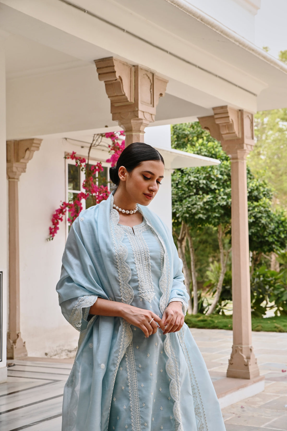 OCEAN GREEN CHIKANKARI EMBROIDERED CHANDERI KURTA SET