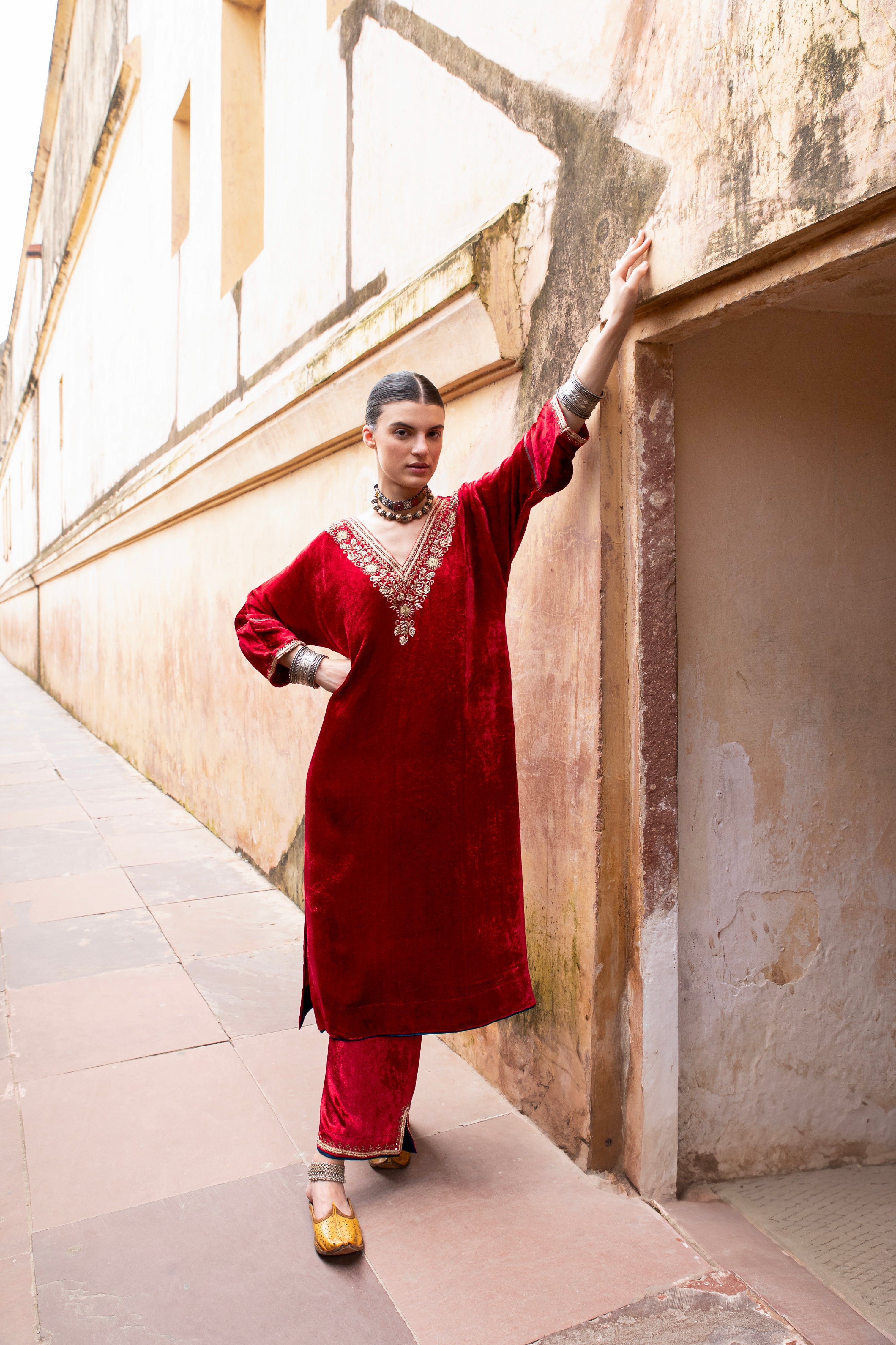 RED PURE VELVET V-NECK EMBROIDERED KURTA SET