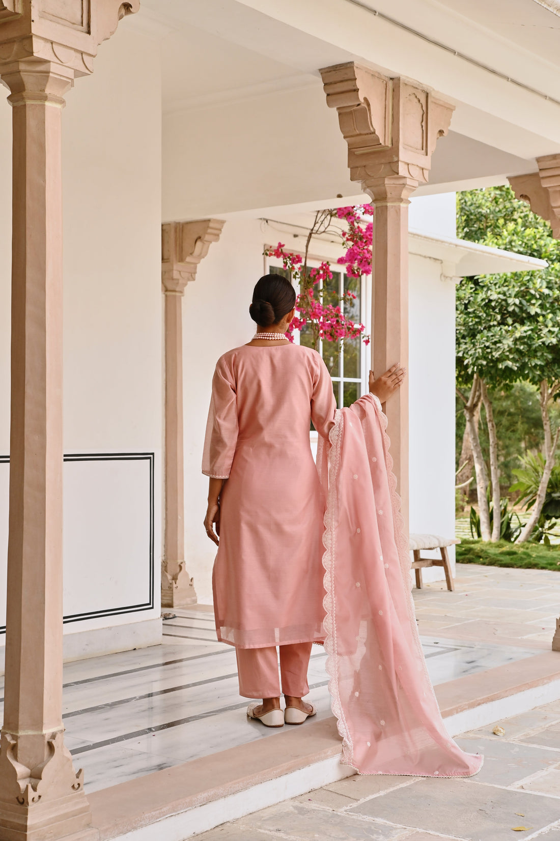 ROSE PINK CHIKANKARI EMBROIDERED CHANDERI KURTA SET