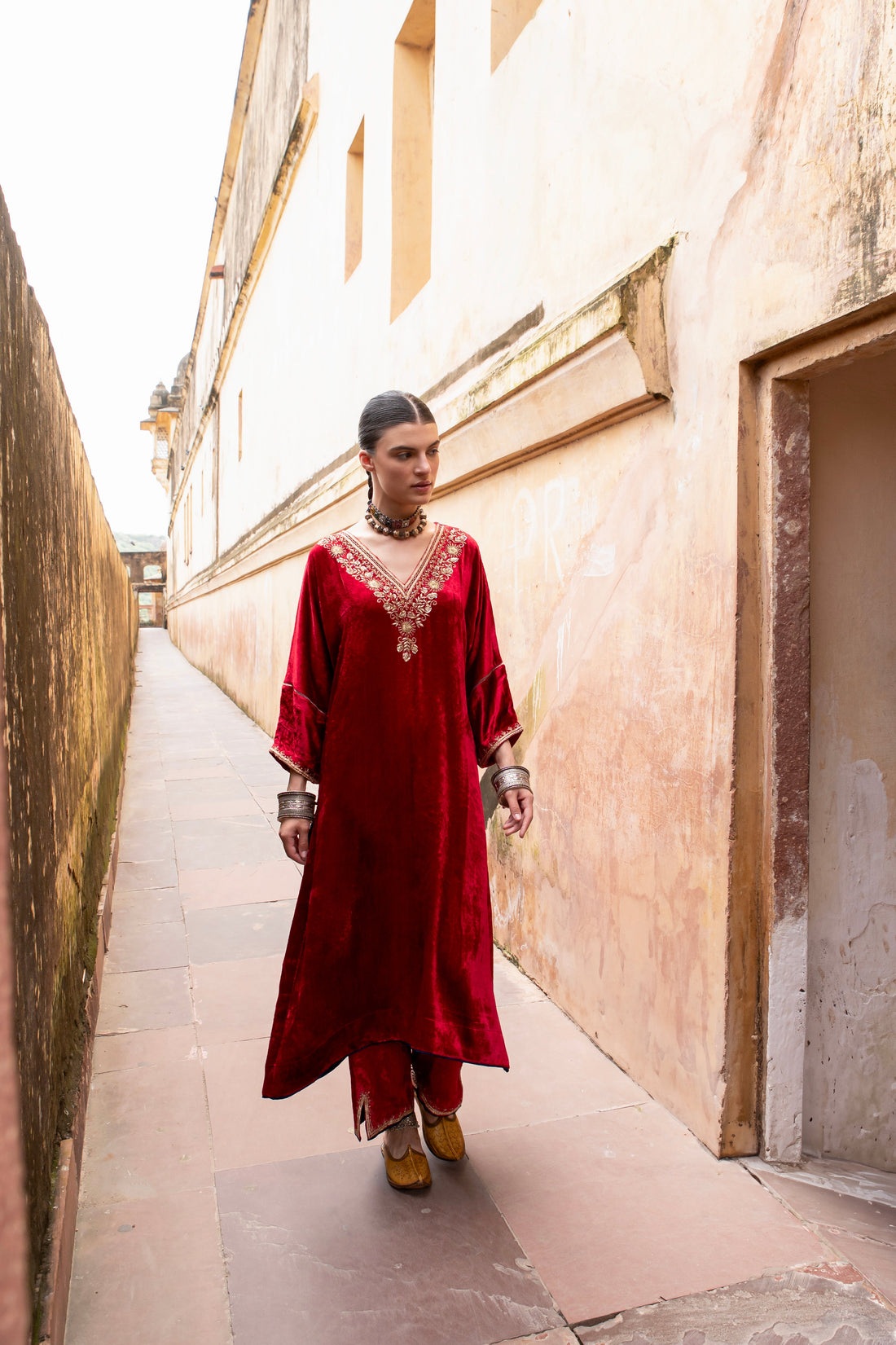 RED PURE VELVET V-NECK EMBROIDERED KURTA SET